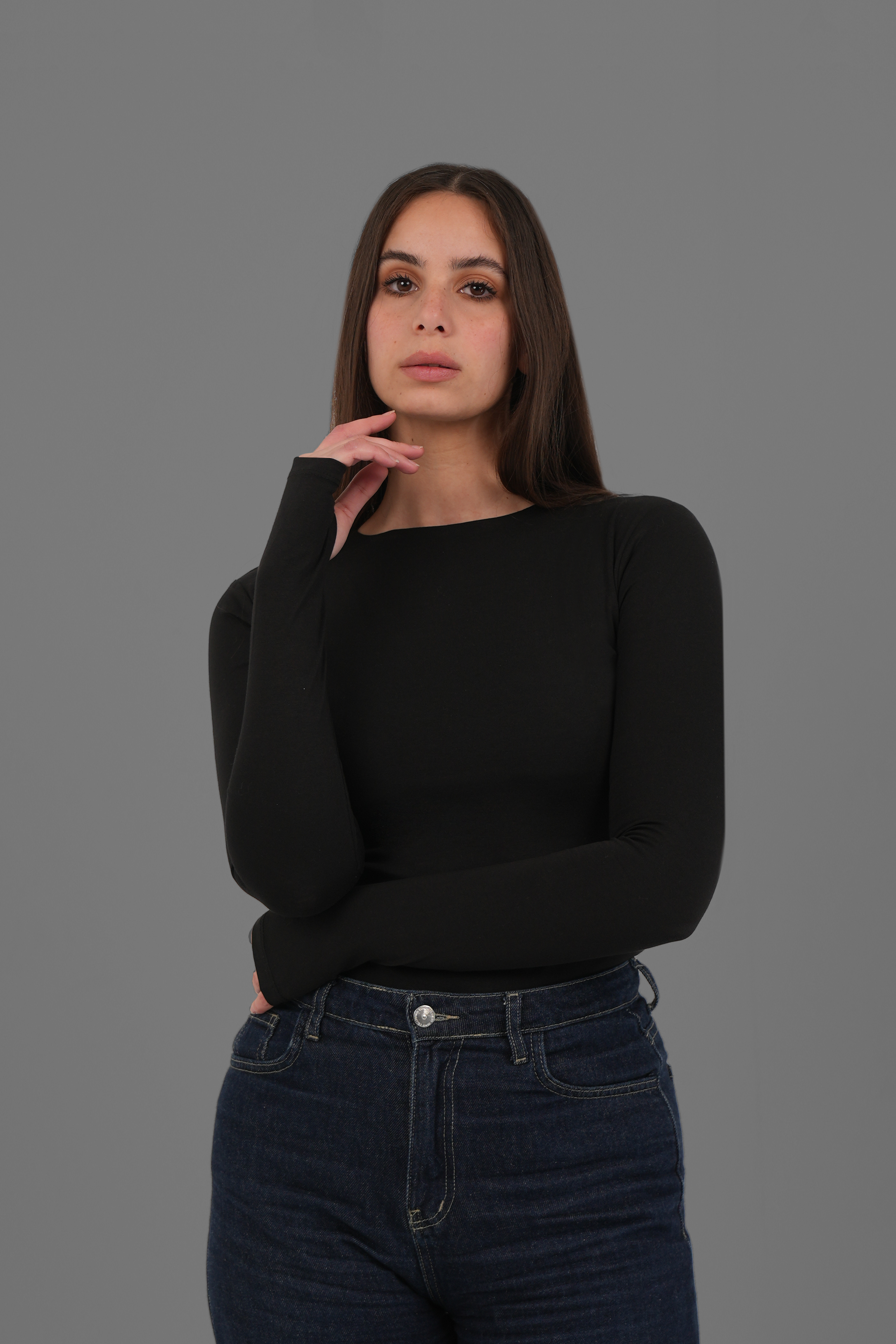 Women’s Off-White Cotton Long Sleeve Top with Thumbhole – Lightweight Soft Stretch Basic, Made in Egypt