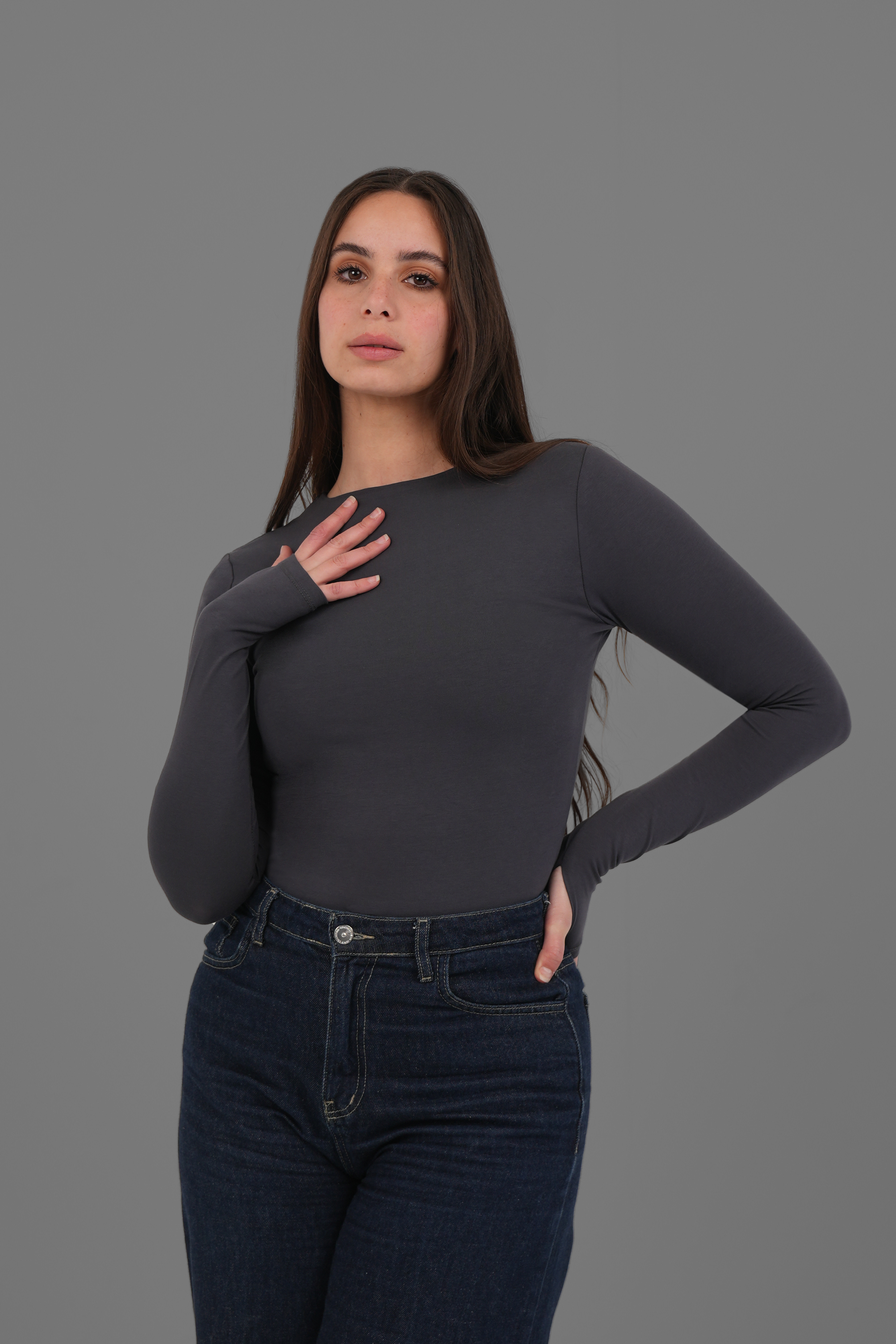 Women’s Charcoal Cotton Long Sleeve Top with Thumbhole – Lightweight Soft Stretch Basic, Made in Egypt