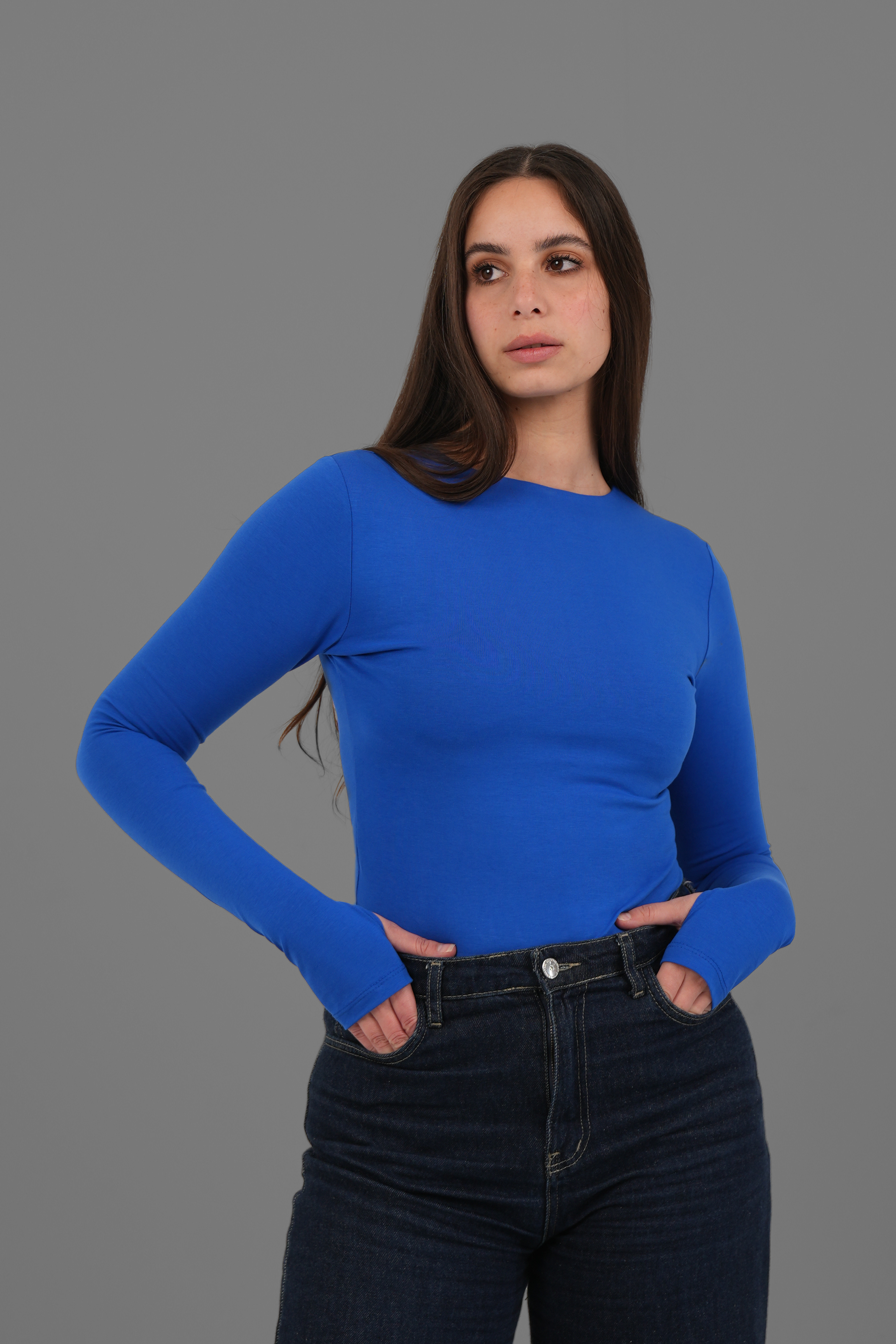Cotton Long Sleeve Top with Thumbhole - Blue