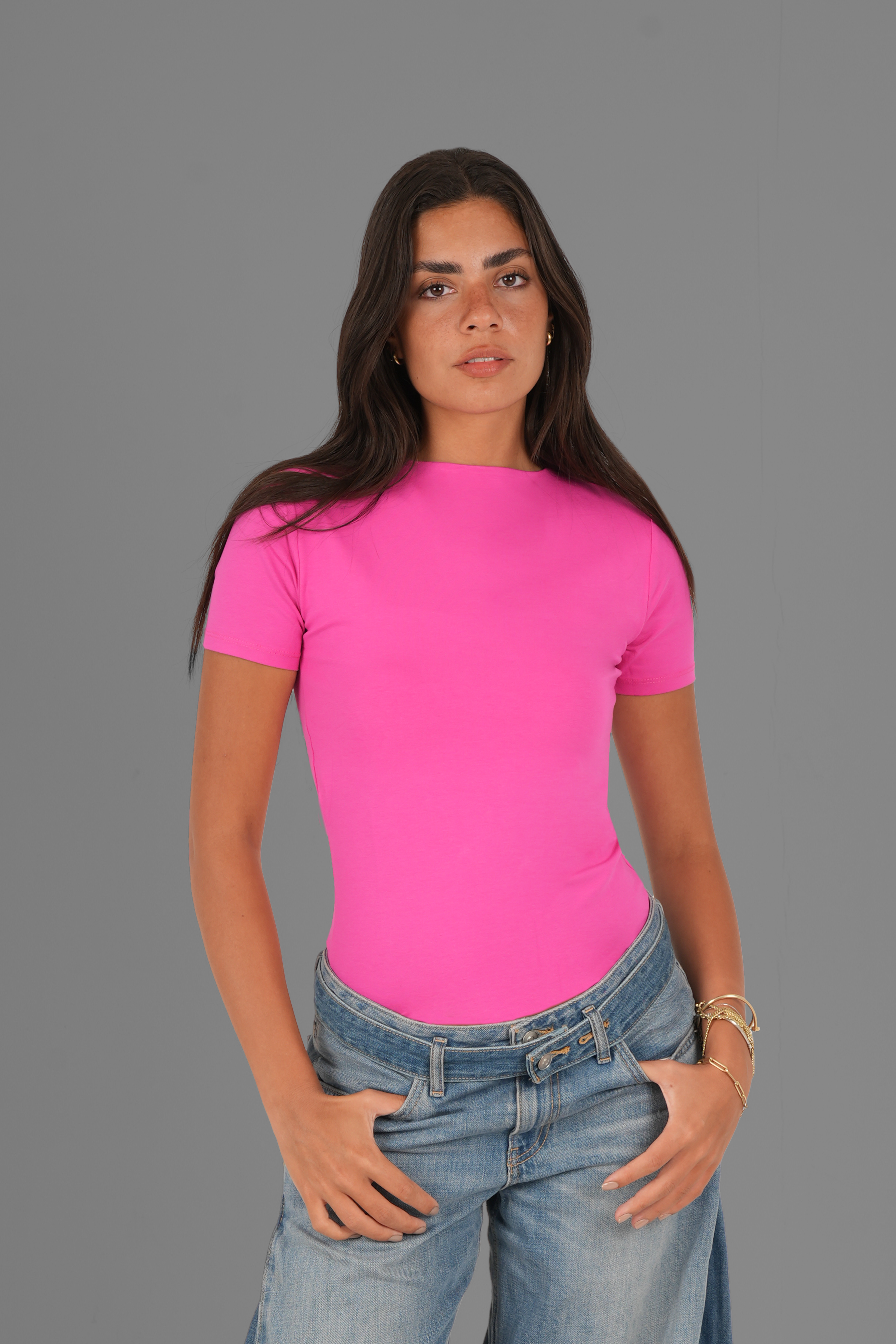 Cotton High Round Neck Short Sleeve Top - Fuchsia