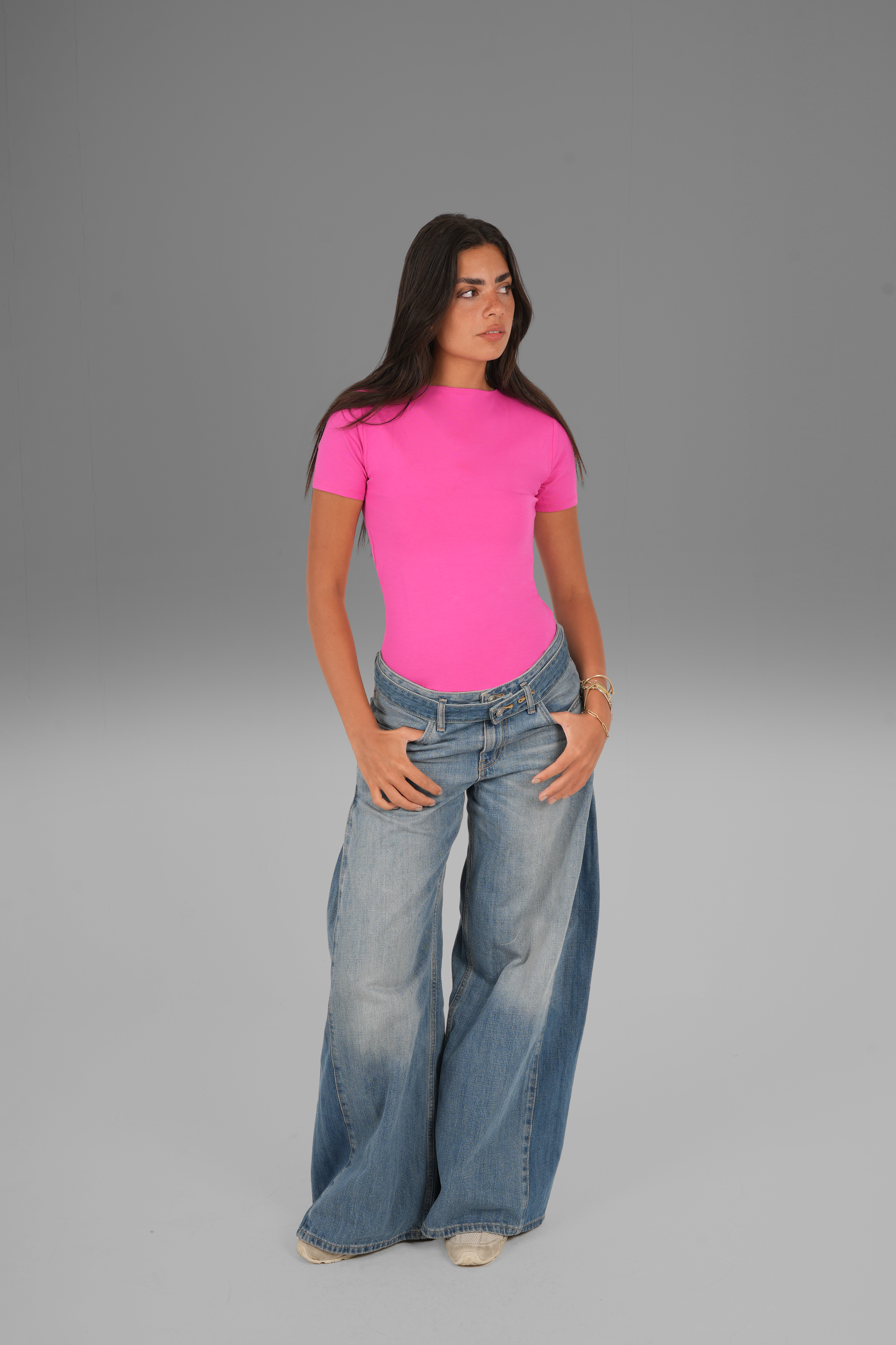 Cotton High Round Neck Short Sleeve Top - Fuchsia