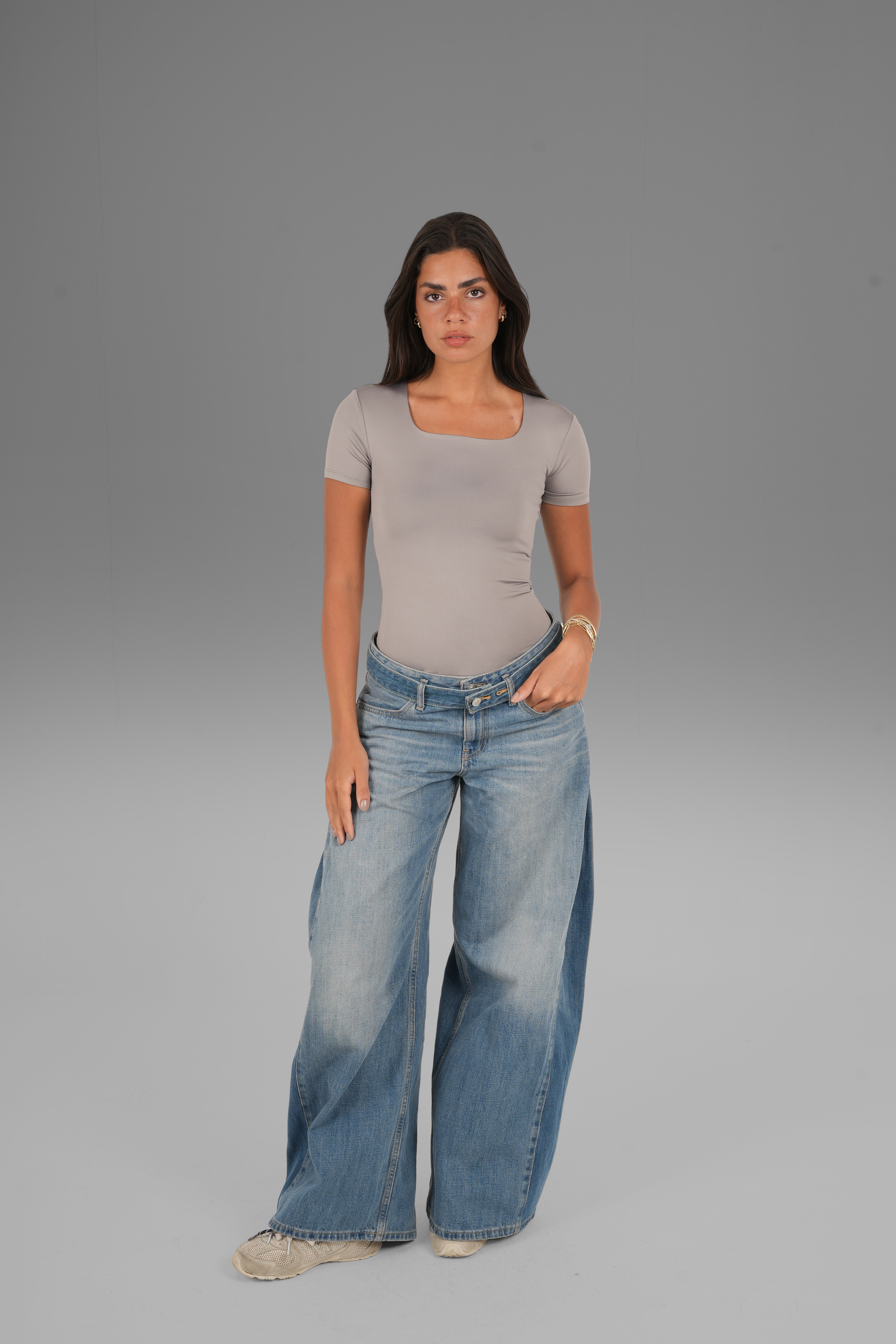 Square-Neck Short Sleeve Top - Grey