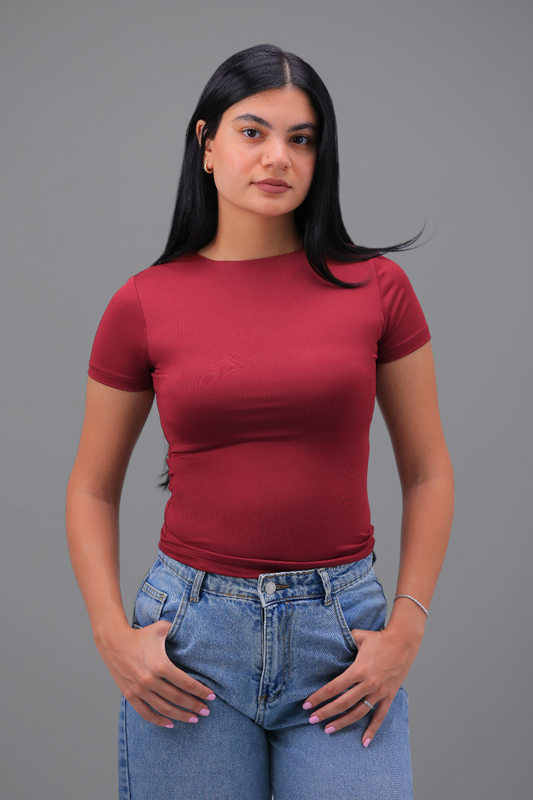 Maroon High Neck Short Sleeve Top