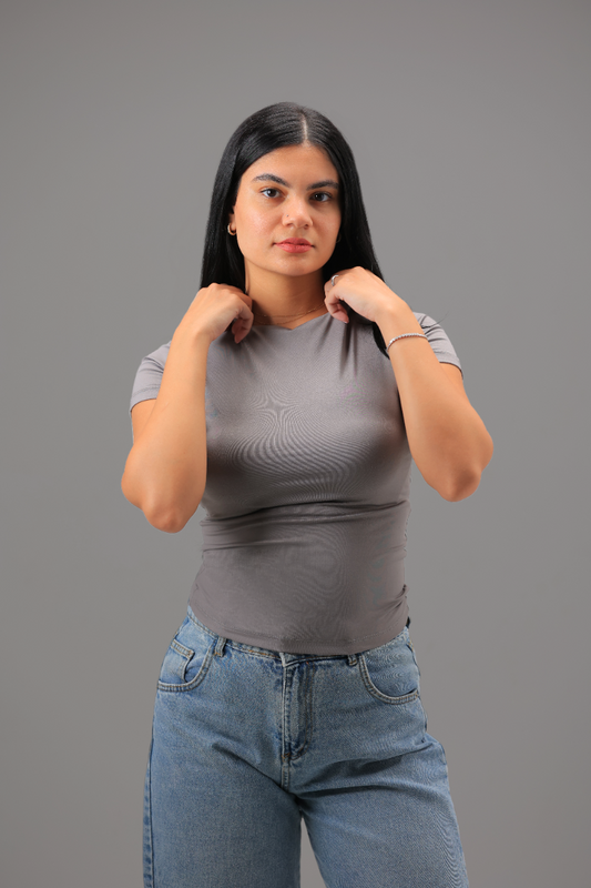 Grey High Neck Short Sleeve Top