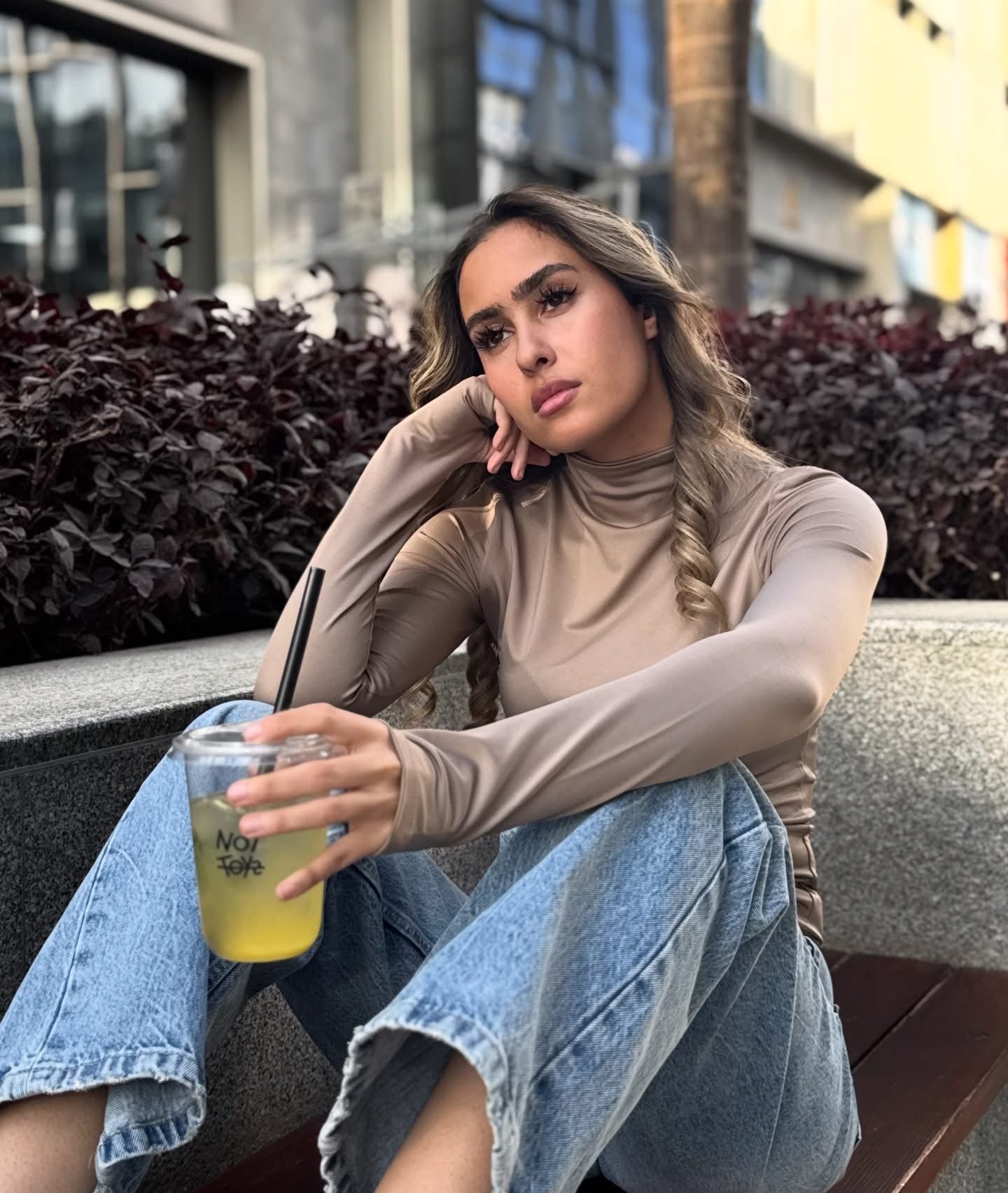 Turtleneck Long Sleeve Top with Thumbhole - Café