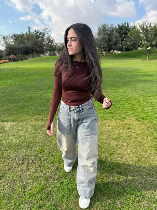 Brown Long Sleeve Top with Finger Hole