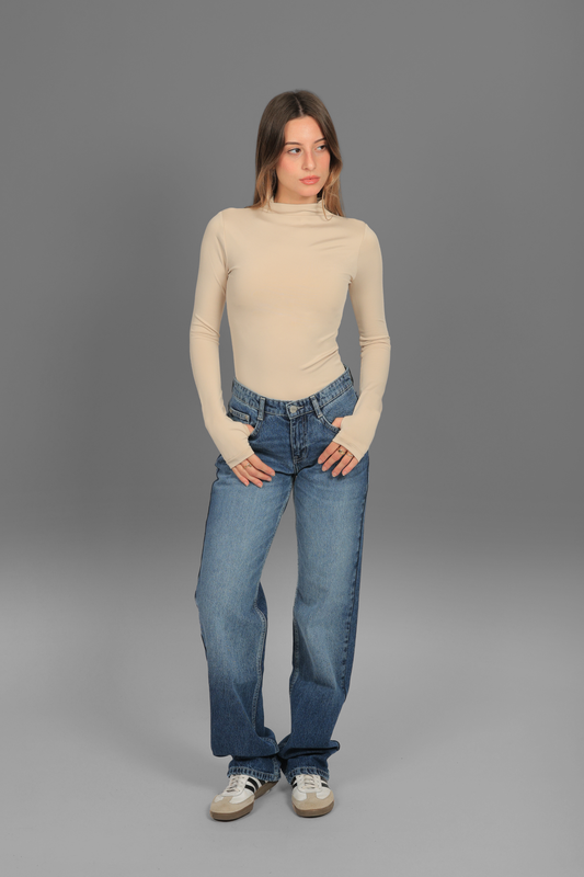 Beige Turtle Neck Long Sleeve Top