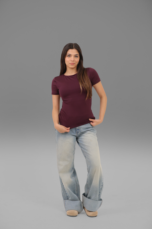 Aubergine High Neck Short Sleeve Top