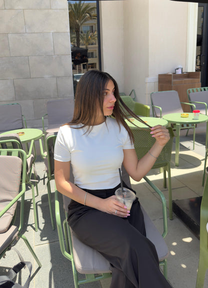 Off White High Neck Short Sleeve Top