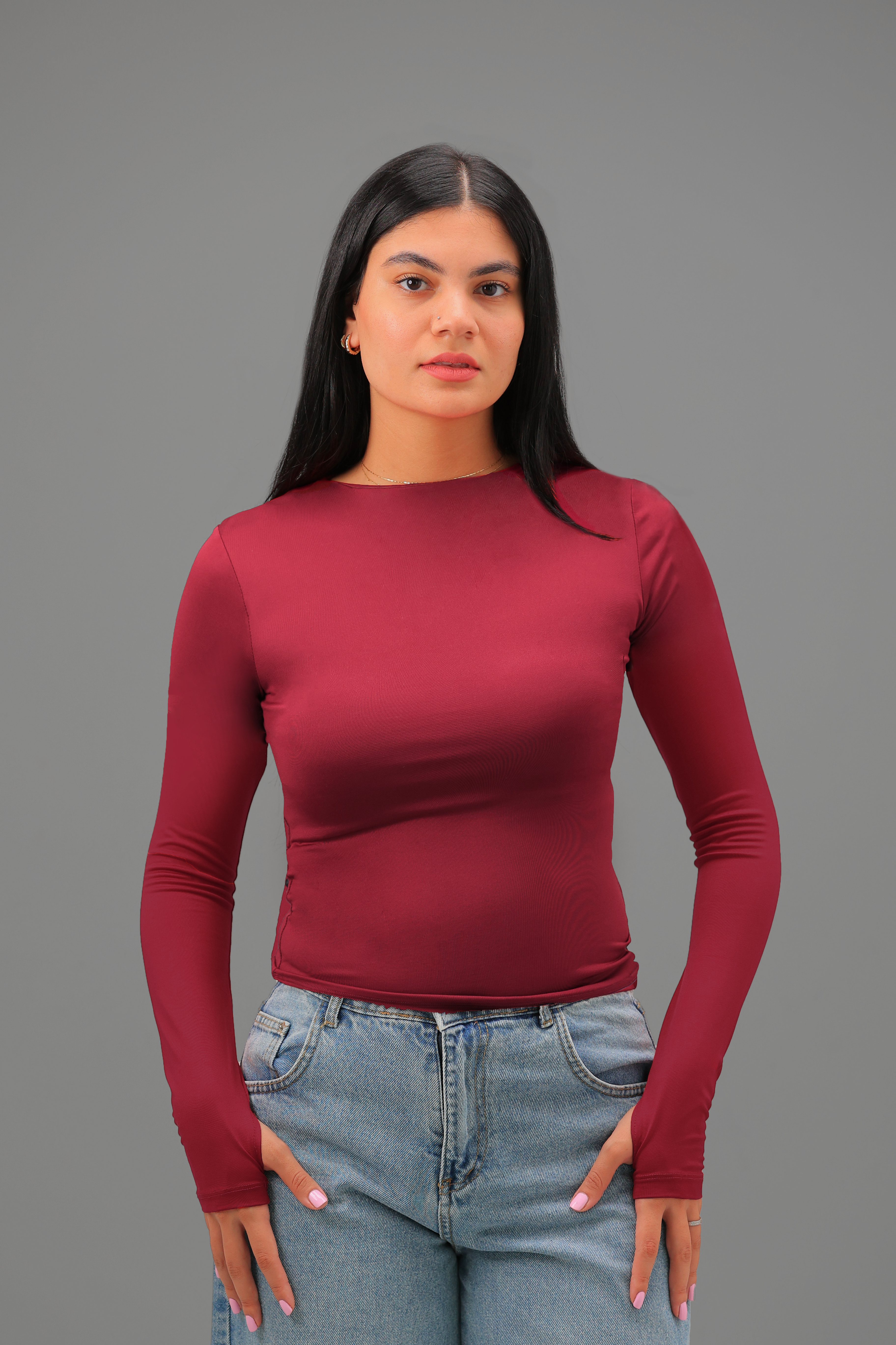 Women’s Maroon Crewneck Long Sleeve Top with Thumbhole – Lightweight Soft Stretch Basic, Made in Egypt