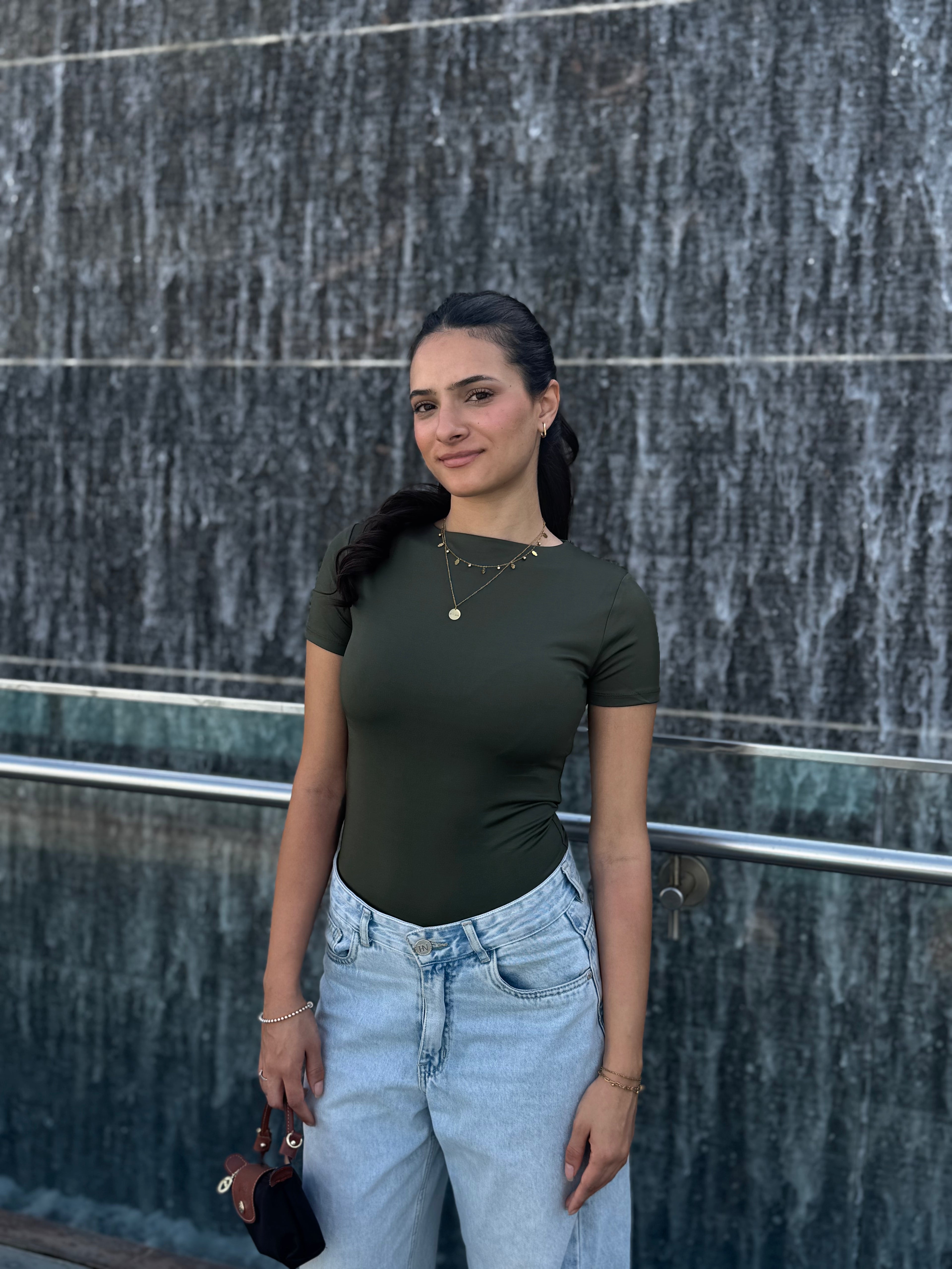 Women’s Olive Essential Crewneck Short Sleeve Top – Lightweight Soft Stretch Basic, Made in Egypt