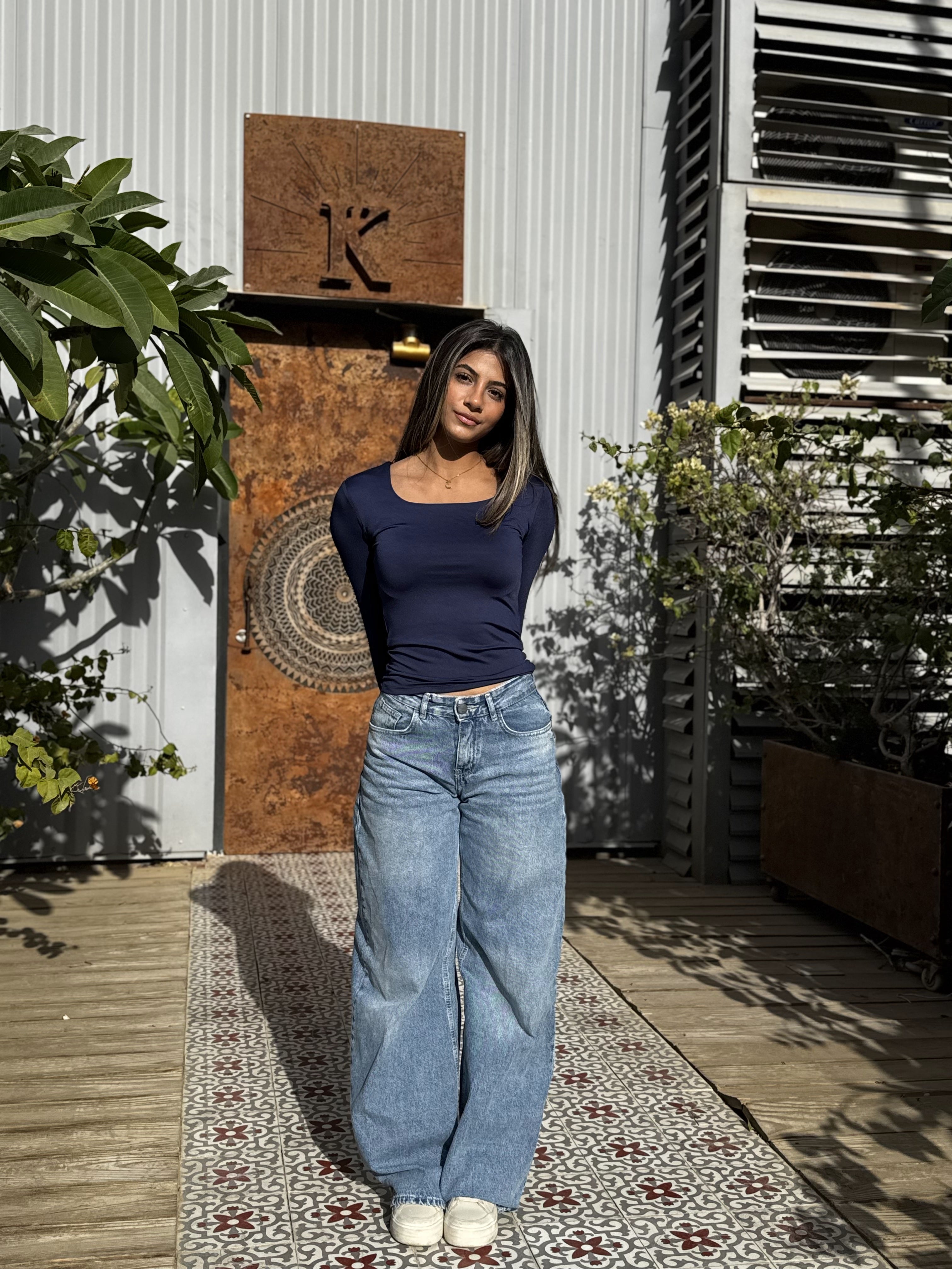 Women’s Navy Blue Square-Neck Long Sleeve Top – Lightweight Soft Stretch Basic, Made in Egypt
