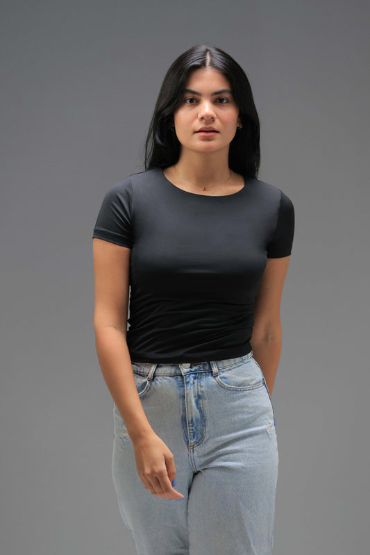 Black Classic Low Neck Short Sleeve Top
