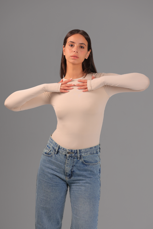 Beige Long Sleeve Top with Finger Hole