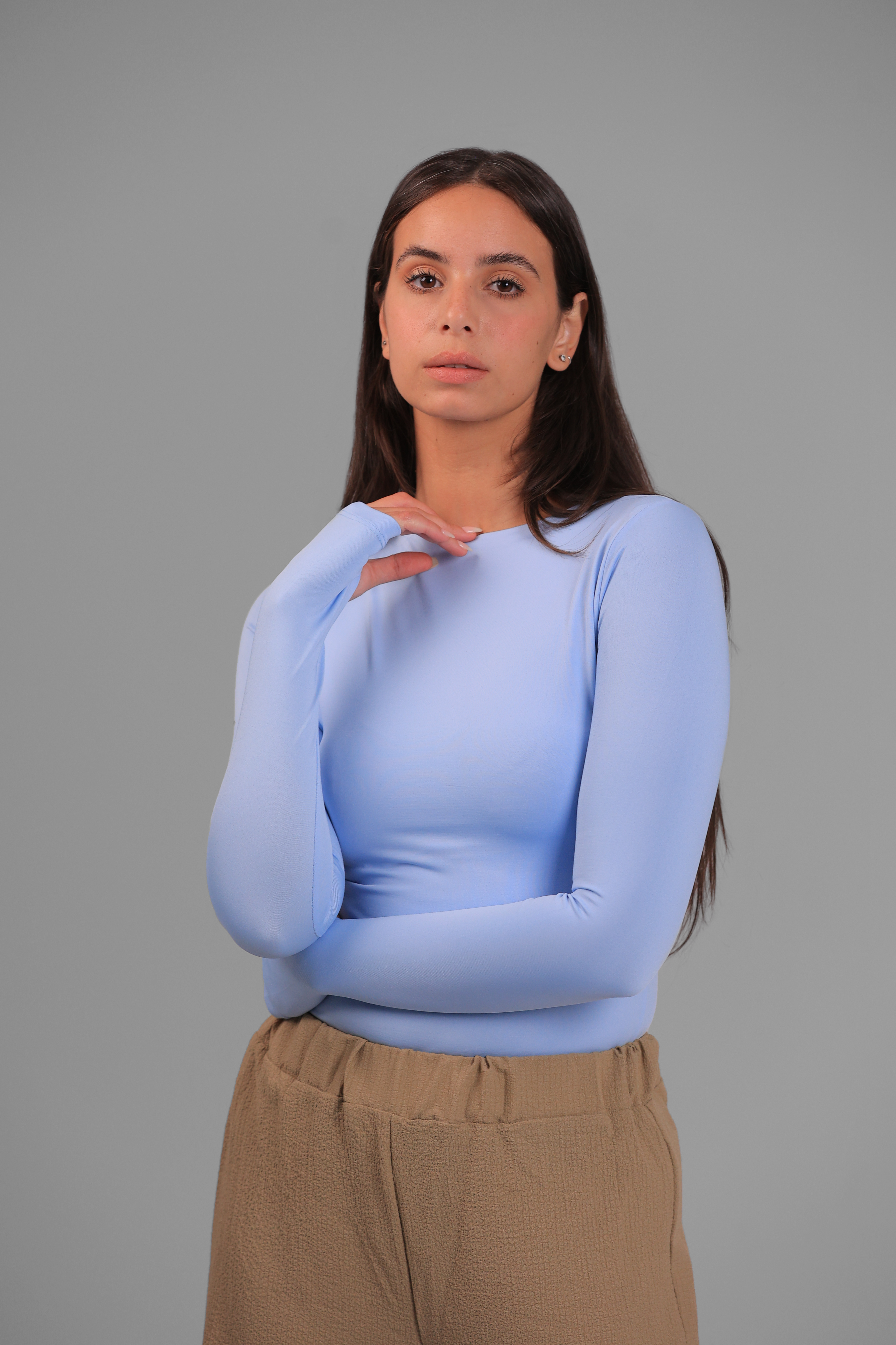 Women’s Baby Blue Crewneck Long Sleeve Top with Thumbhole – Lightweight Soft Stretch Basic, Made in Egypt