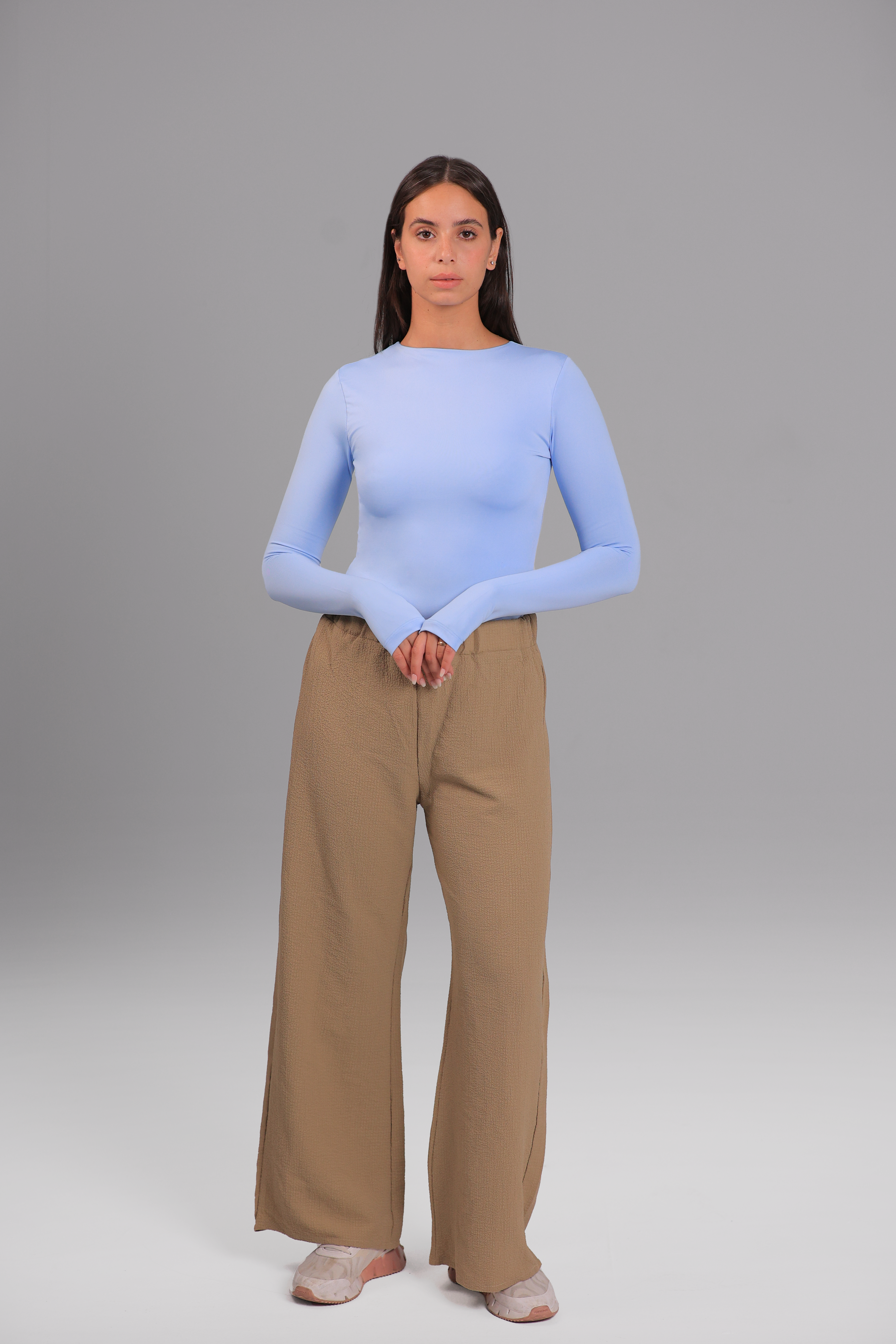 Women’s Baby Blue Crewneck Long Sleeve Top with Thumbhole – Lightweight Soft Stretch Basic, Made in Egypt