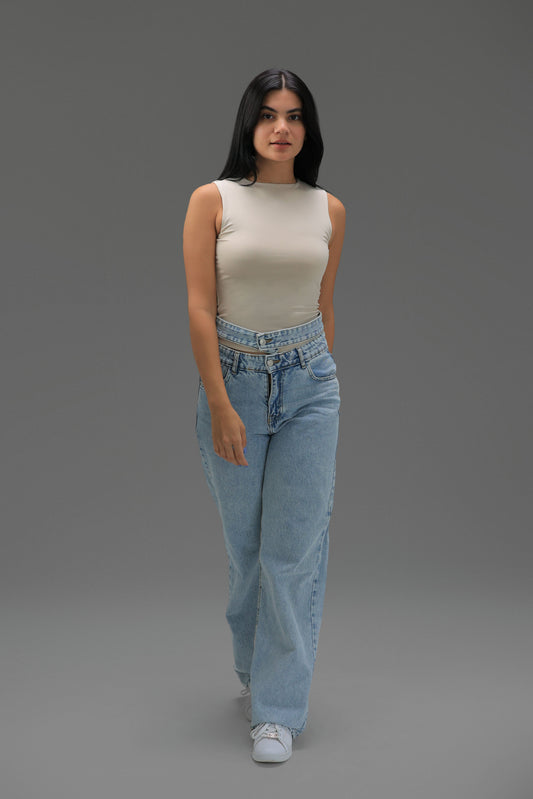 Beige High Neck Tank Top