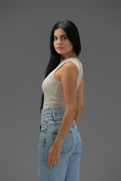 Beige High Neck Tank Top