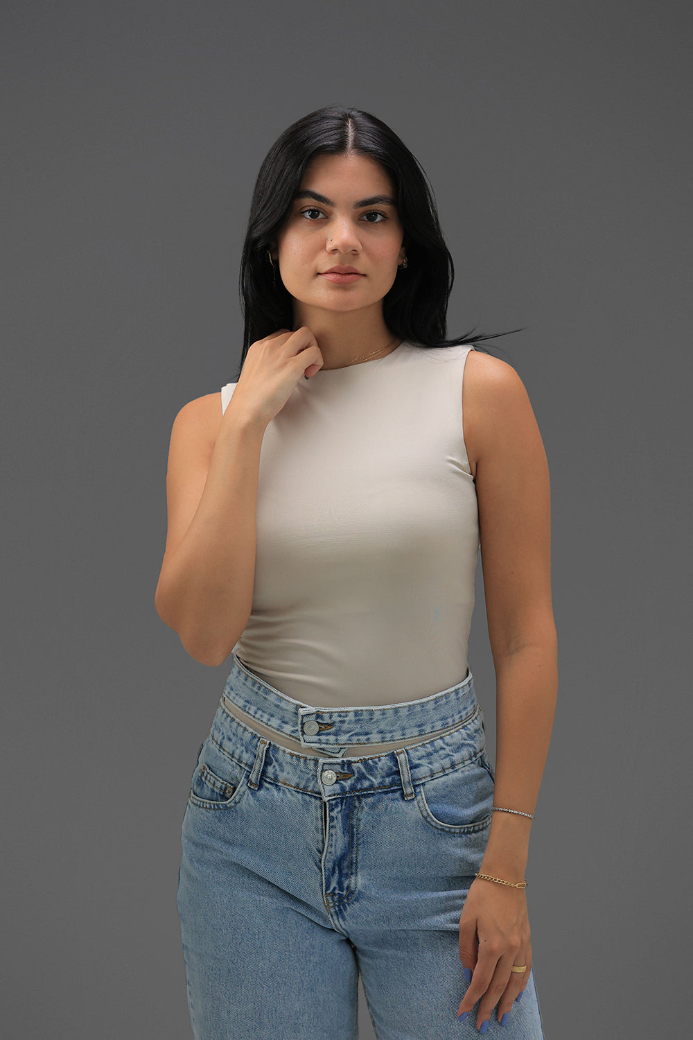 Women’s Beige Classic Crewneck Tank Top  – Lightweight Soft Stretch Basic, Made in Egypt