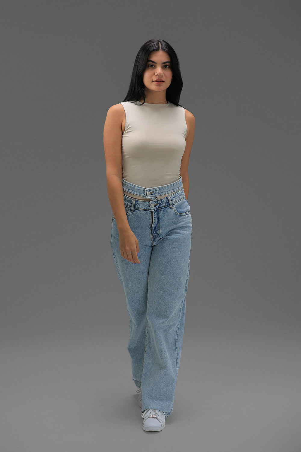 Women’s Beige Classic Crewneck Tank Top  – Lightweight Soft Stretch Basic, Made in Egypt