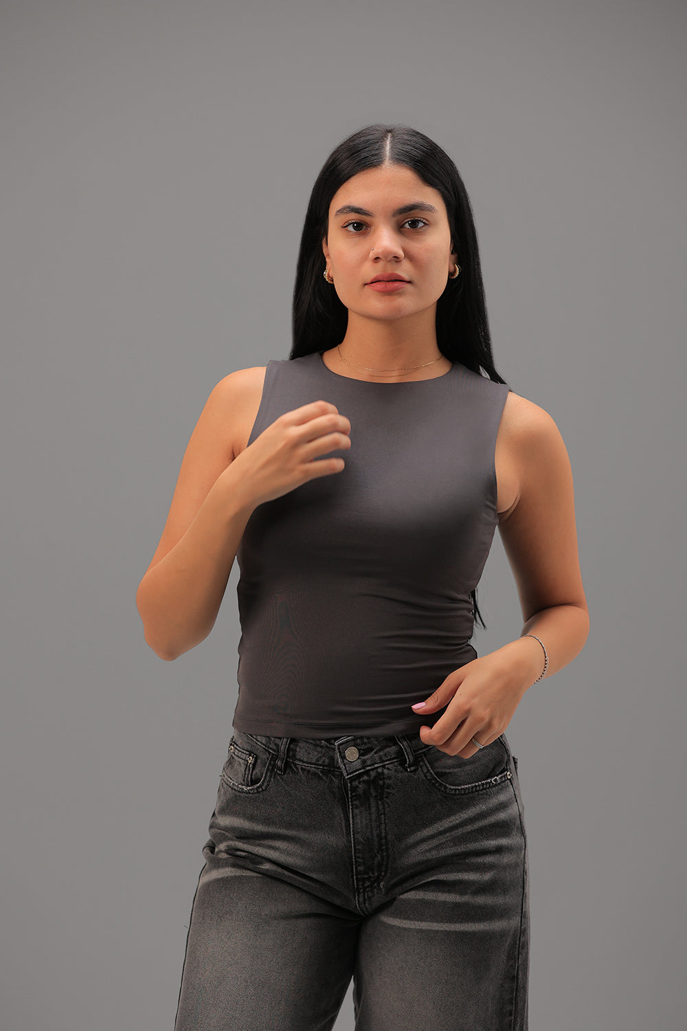 Women’s Charcoal Classic Crewneck Tank Top  – Lightweight Soft Stretch Basic, Made in Egypt