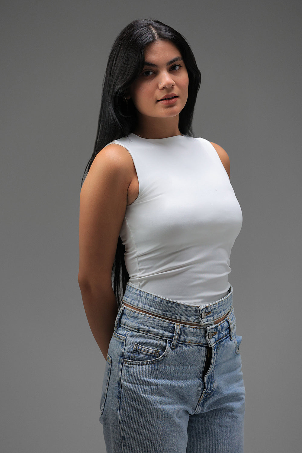 Women’s Off-White Classic Crewneck Tank Top  – Lightweight Soft Stretch Basic, Made in Egypt