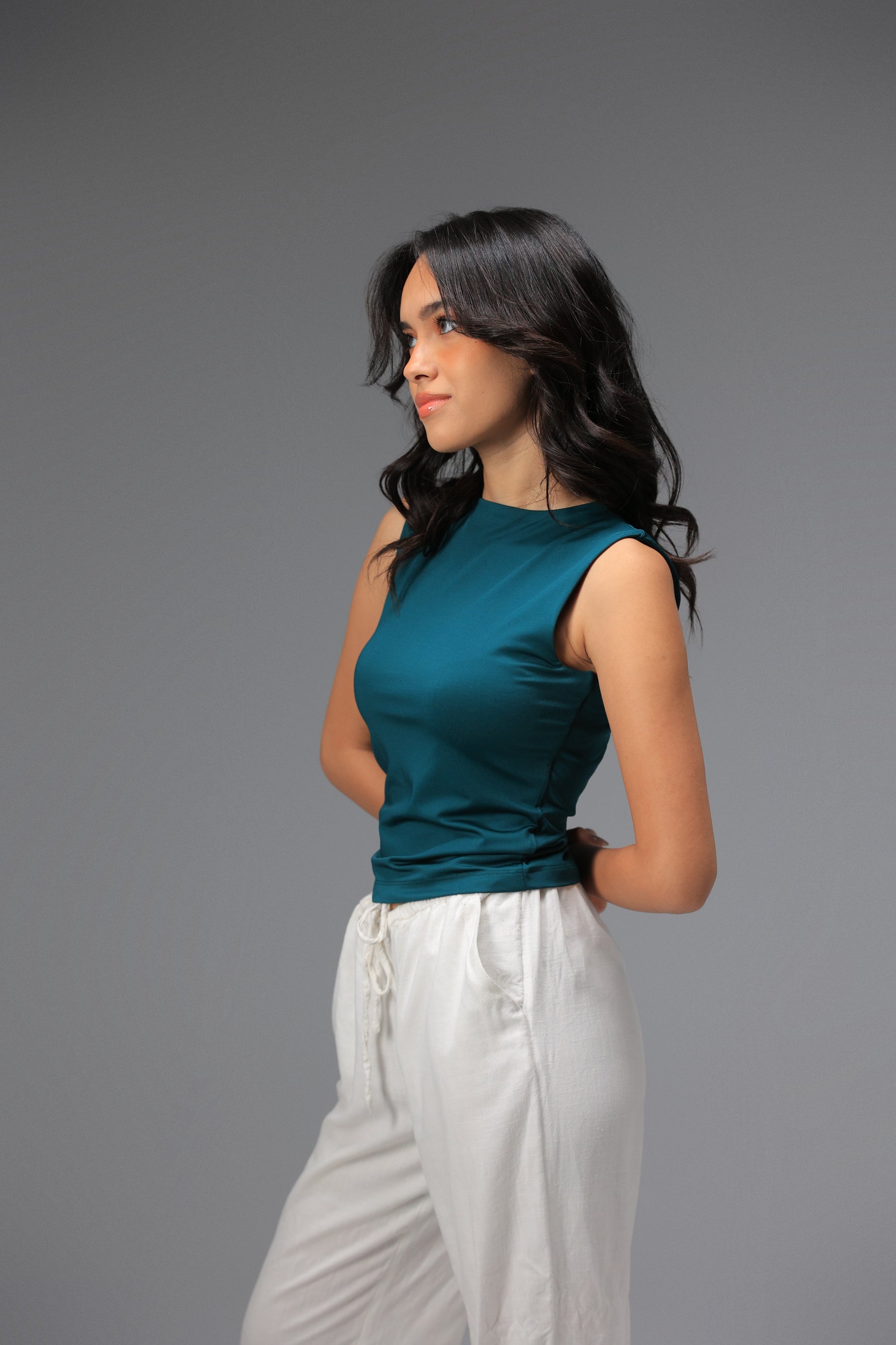 Women’s Teal Classic Crewneck Tank Top  – Lightweight Soft Stretch Basic, Made in Egypt