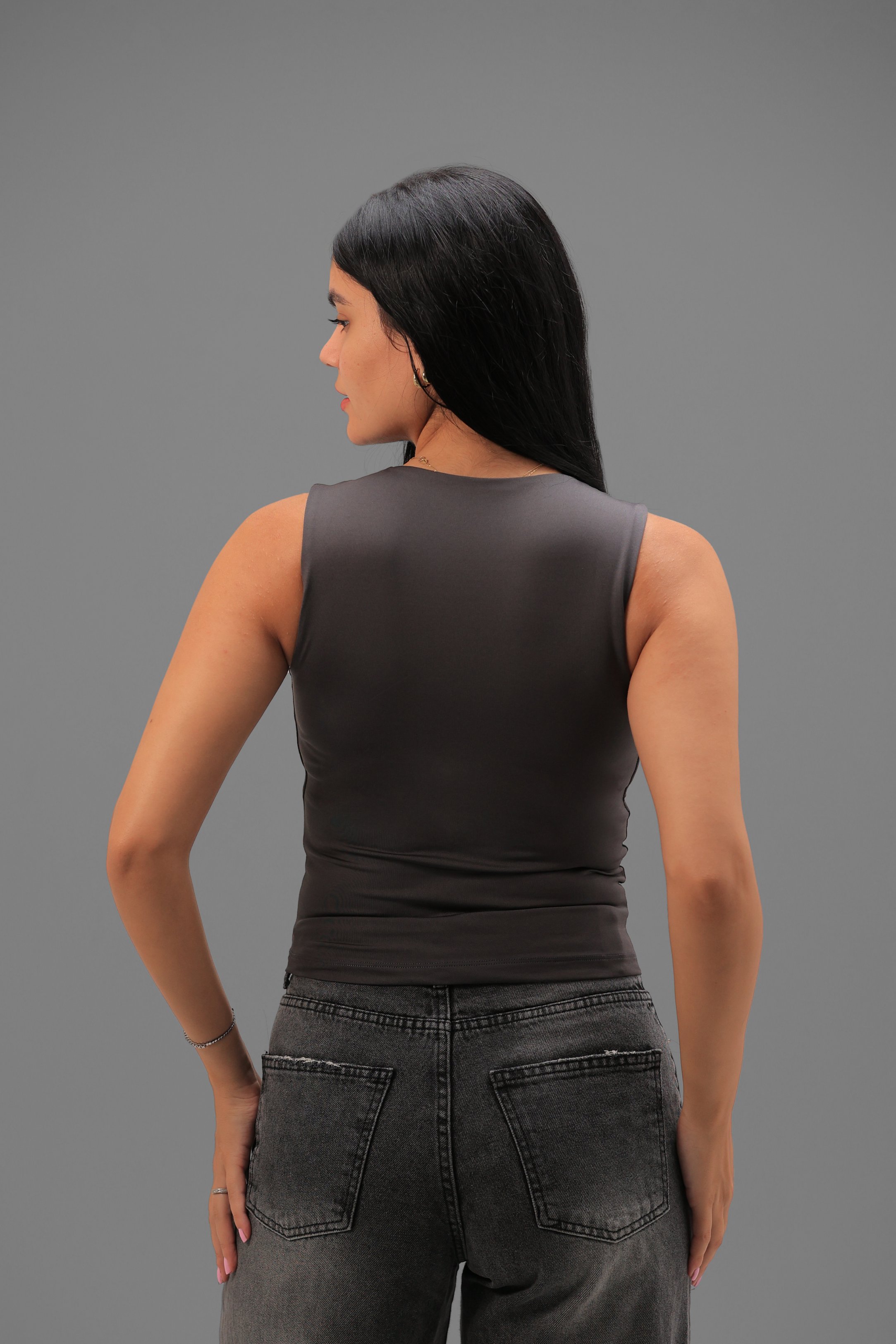 Women’s Charcoal Classic Crewneck Tank Top  – Lightweight Soft Stretch Basic, Made in Egypt