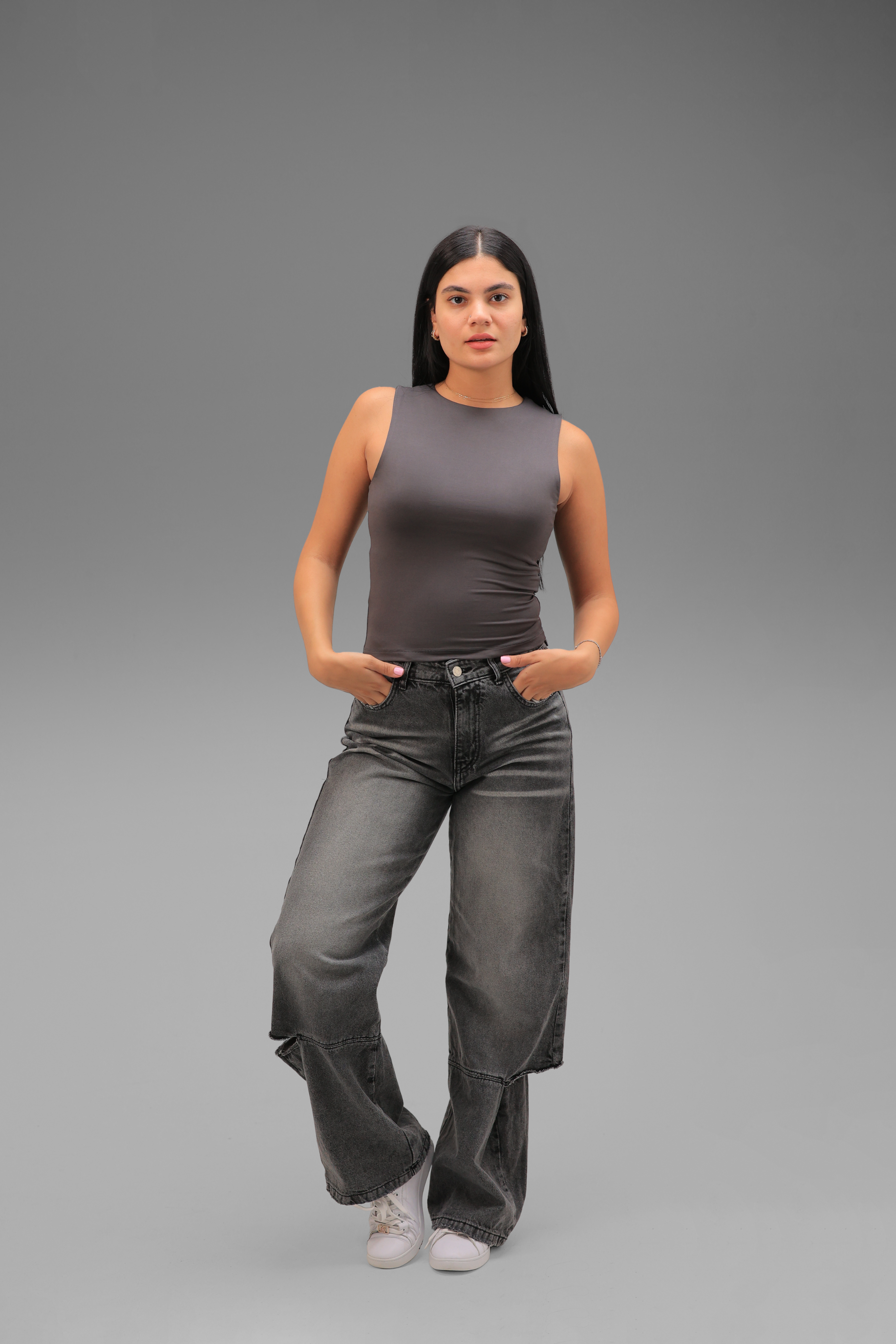 Women’s Charcoal Classic Crewneck Tank Top  – Lightweight Soft Stretch Basic, Made in Egypt