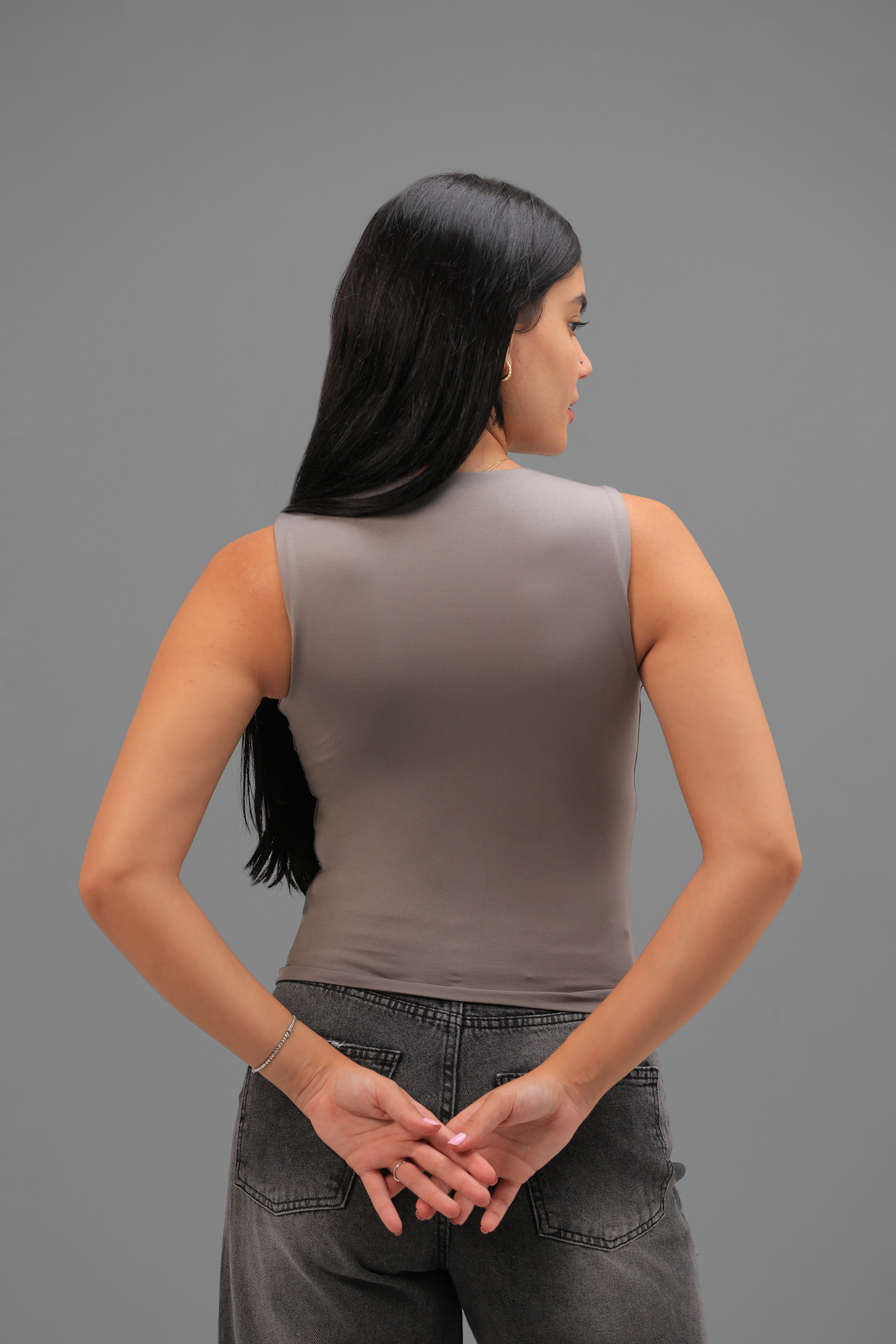 Women’s Grey Classic Crewneck Tank Top  – Lightweight Soft Stretch Basic, Made in Egypt