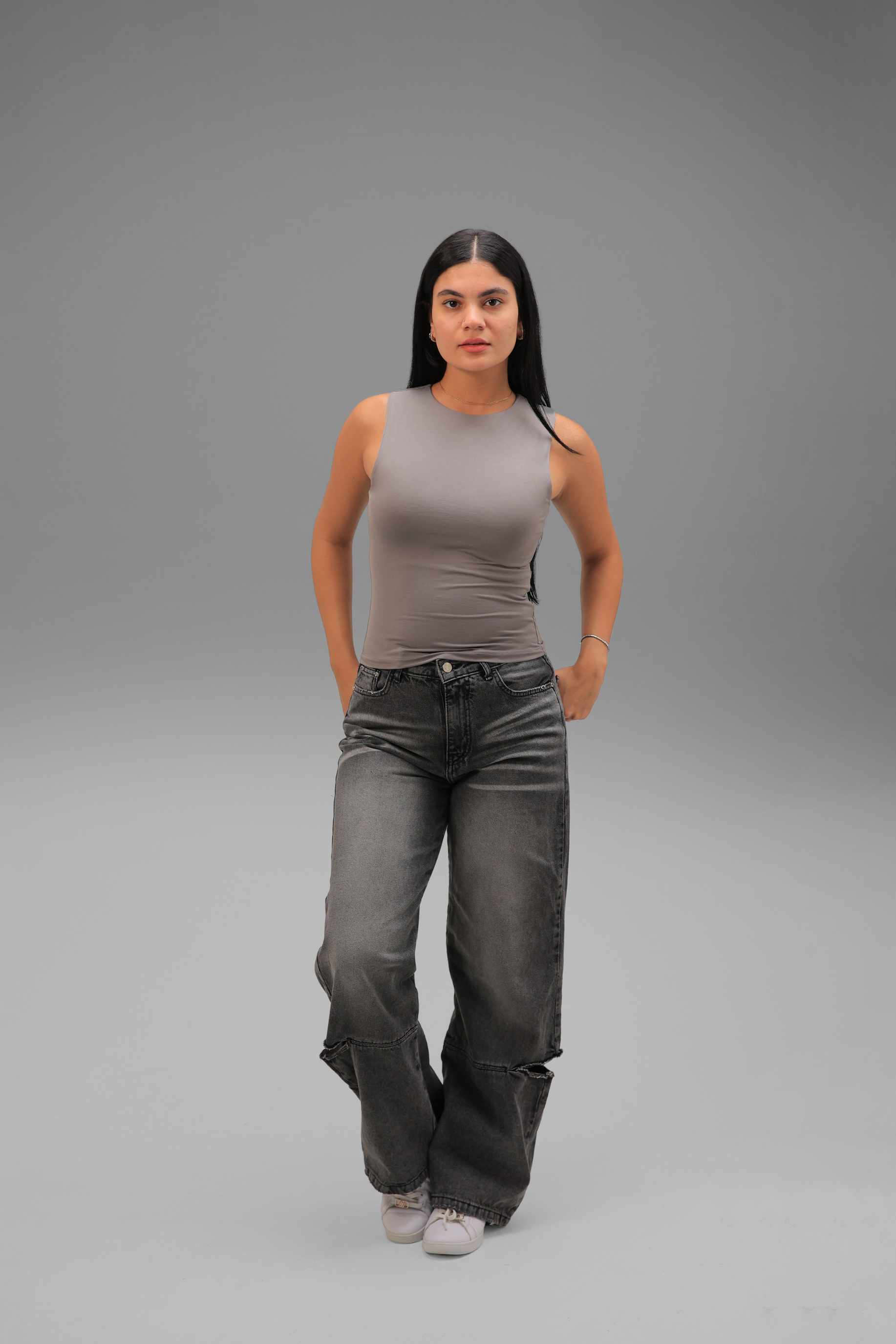 Women’s Grey Classic Crewneck Tank Top  – Lightweight Soft Stretch Basic, Made in Egypt