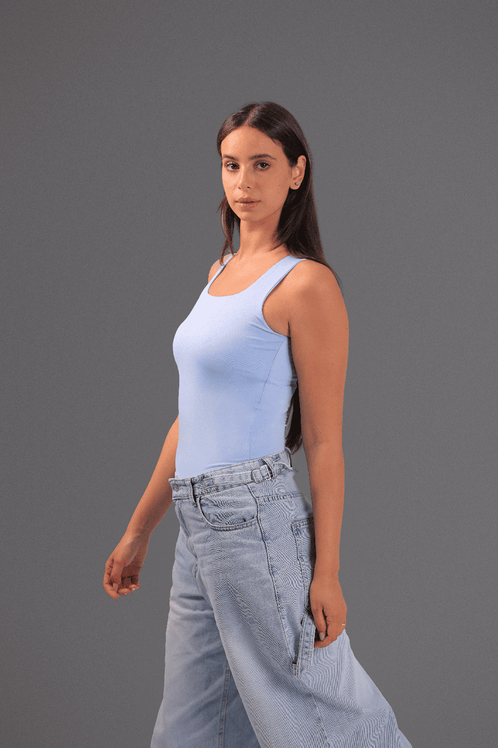 Women’s Baby Blue Square-Neck Tank Top – Lightweight Soft Stretch Basic, Made in Egypt