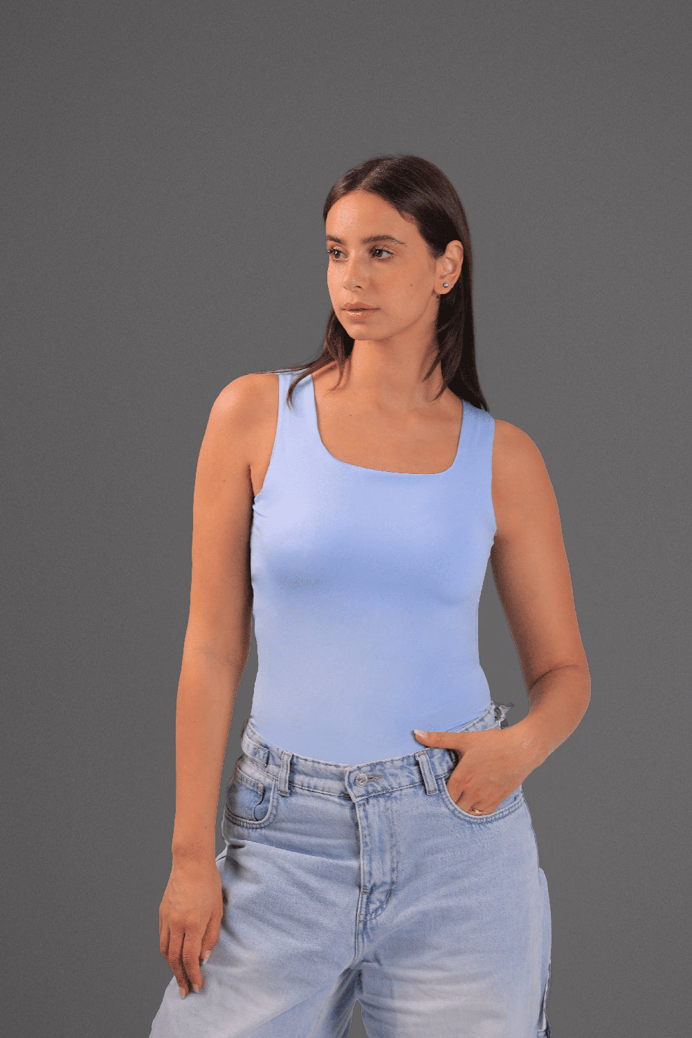 Women’s Baby Blue Square-Neck Tank Top – Lightweight Soft Stretch Basic, Made in Egypt