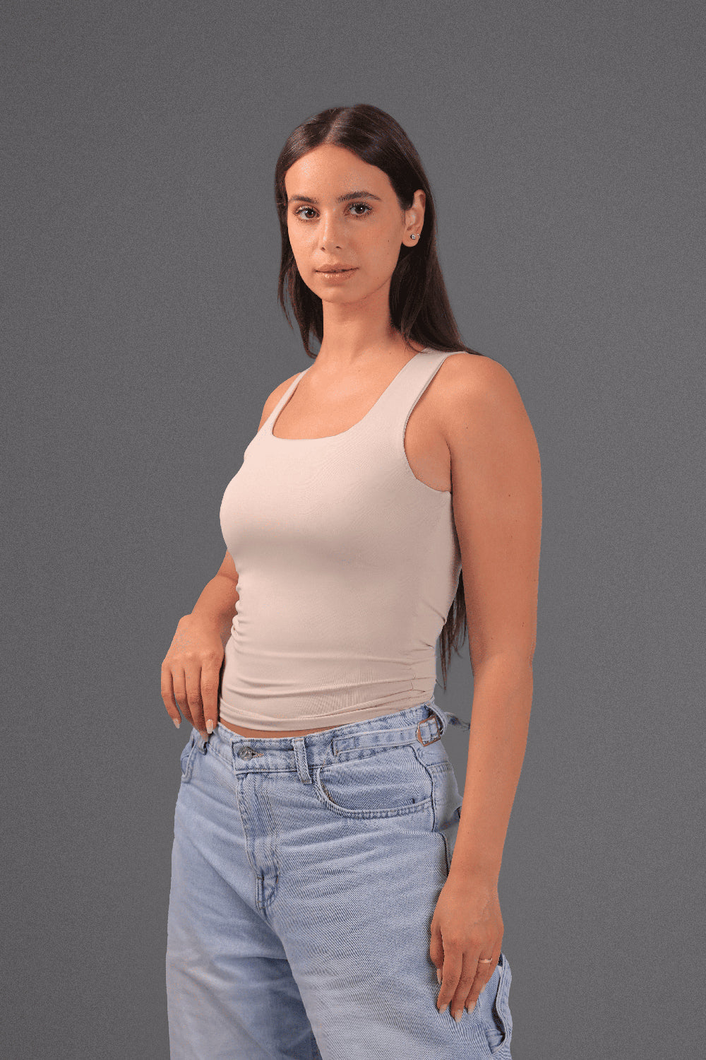 Women’s Beige Square-Neck Tank Top – Lightweight Soft Stretch Basic, Made in Egypt