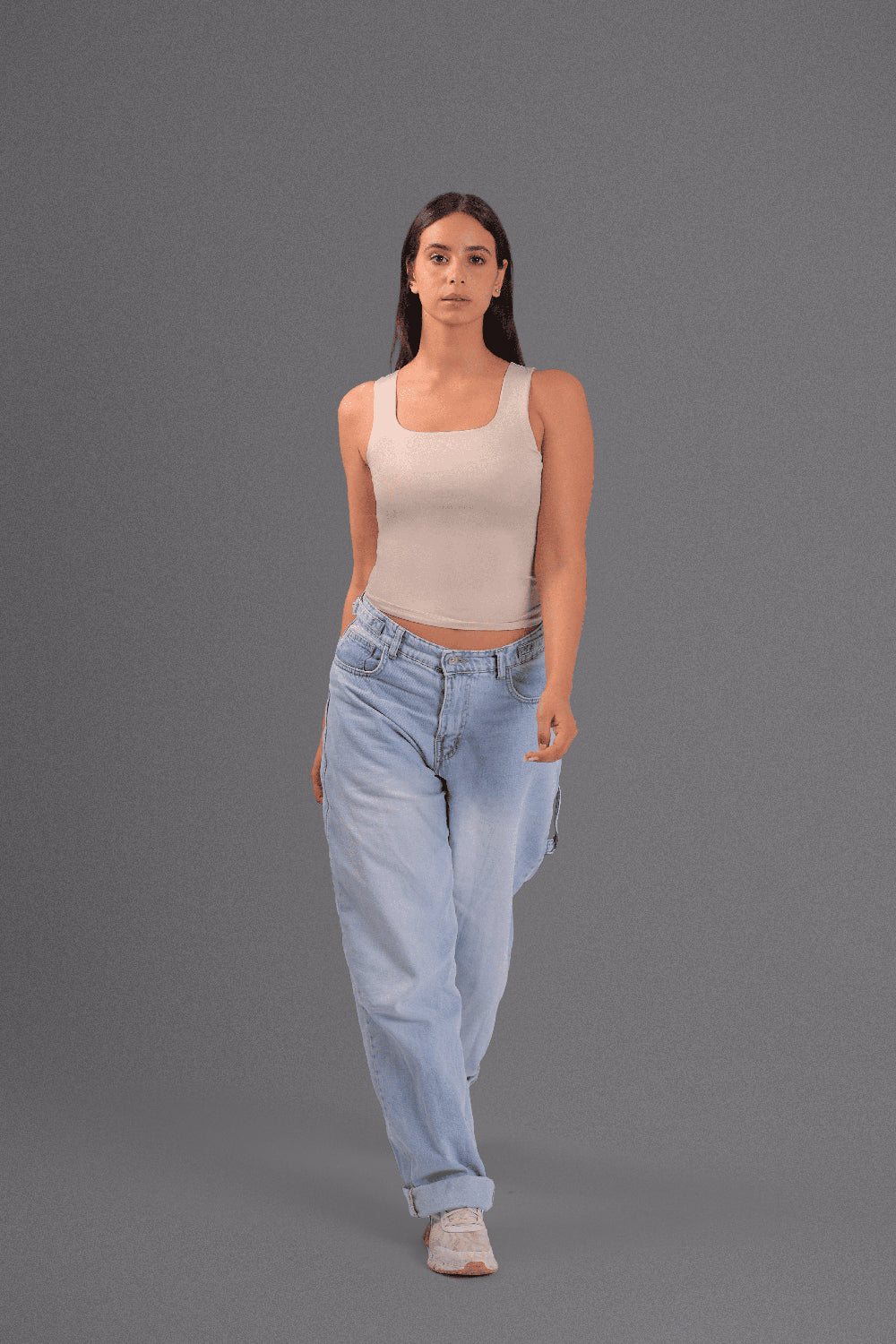 Women’s Beige Square-Neck Tank Top – Lightweight Soft Stretch Basic, Made in Egypt