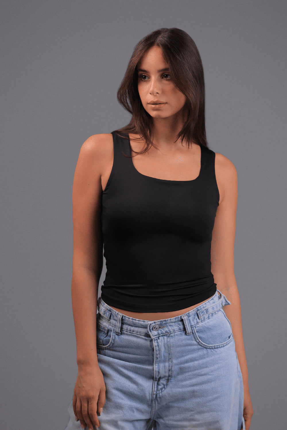 Women’s Black Square-Neck Tank Top – Lightweight Soft Stretch Basic, Made in Egypt