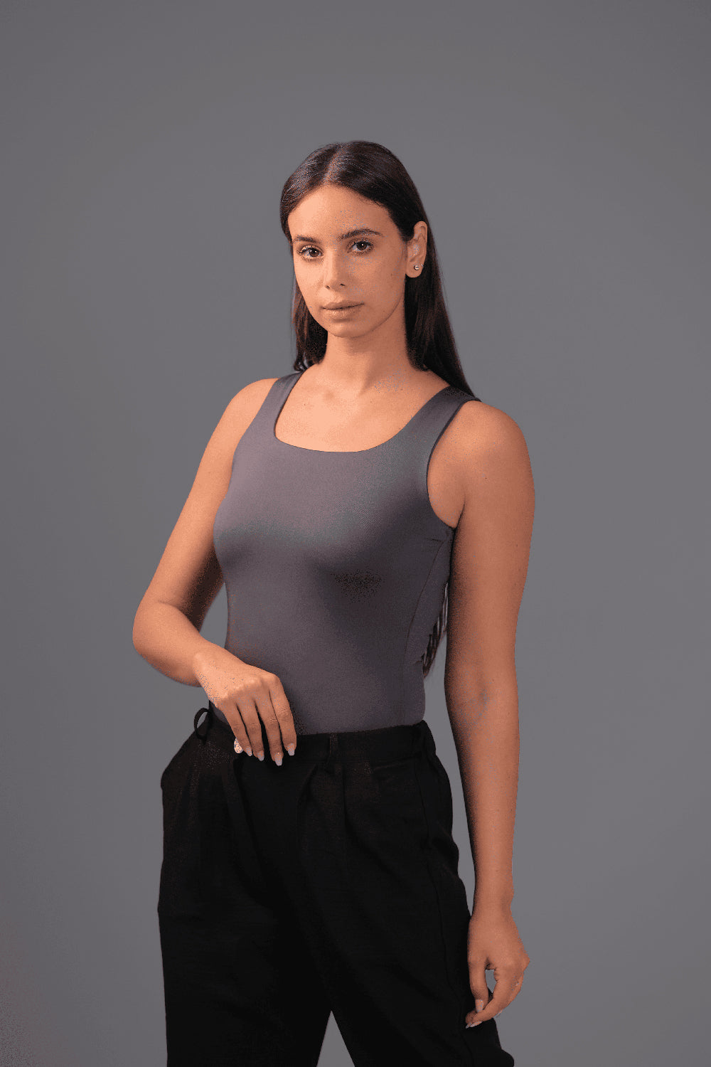 Women’s Charcoal Square-Neck Tank Top – Lightweight Soft Stretch Basic, Made in Egypt