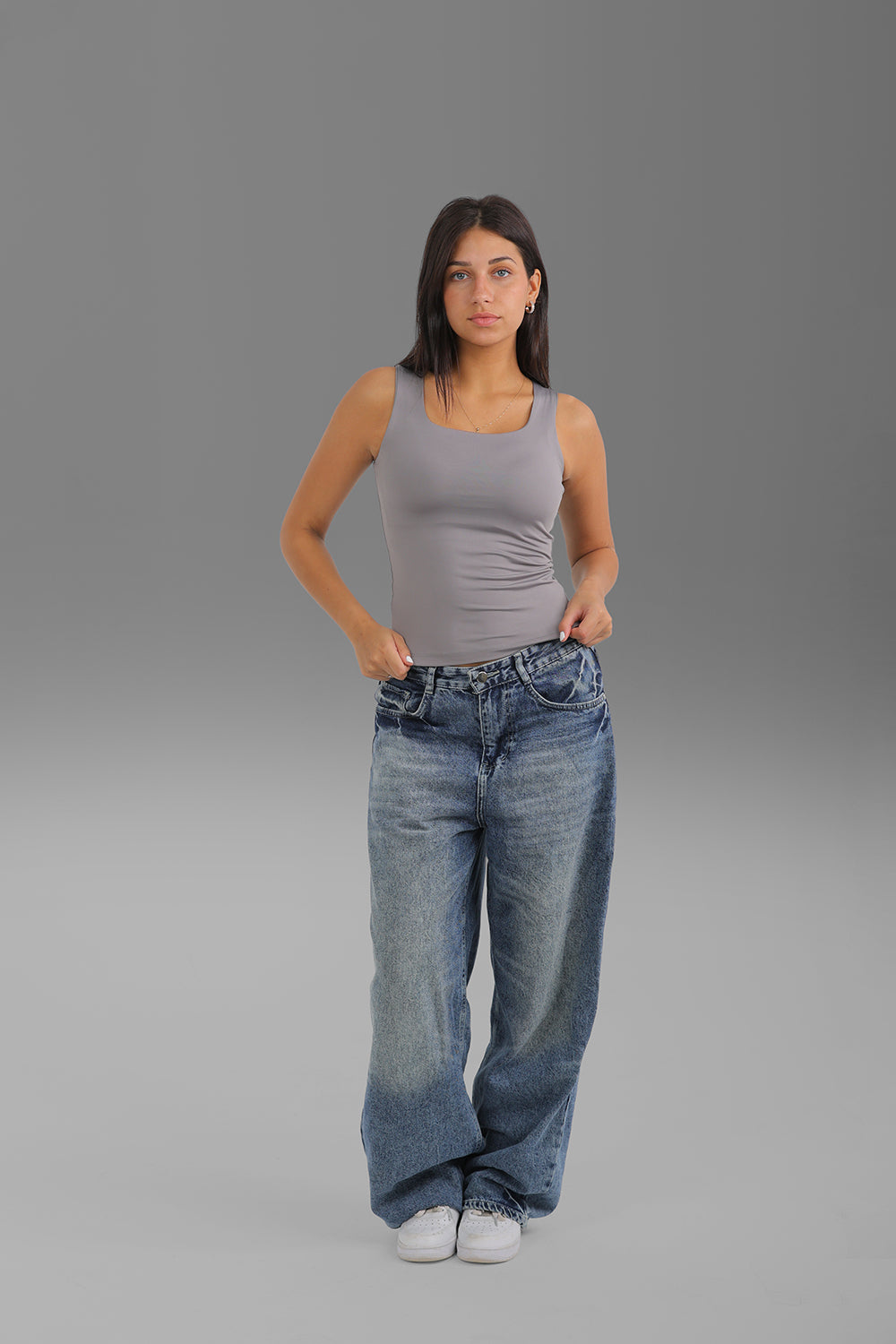 Women’s Grey Square-Neck Tank Top – Lightweight Soft Stretch Basic, Made in Egypt