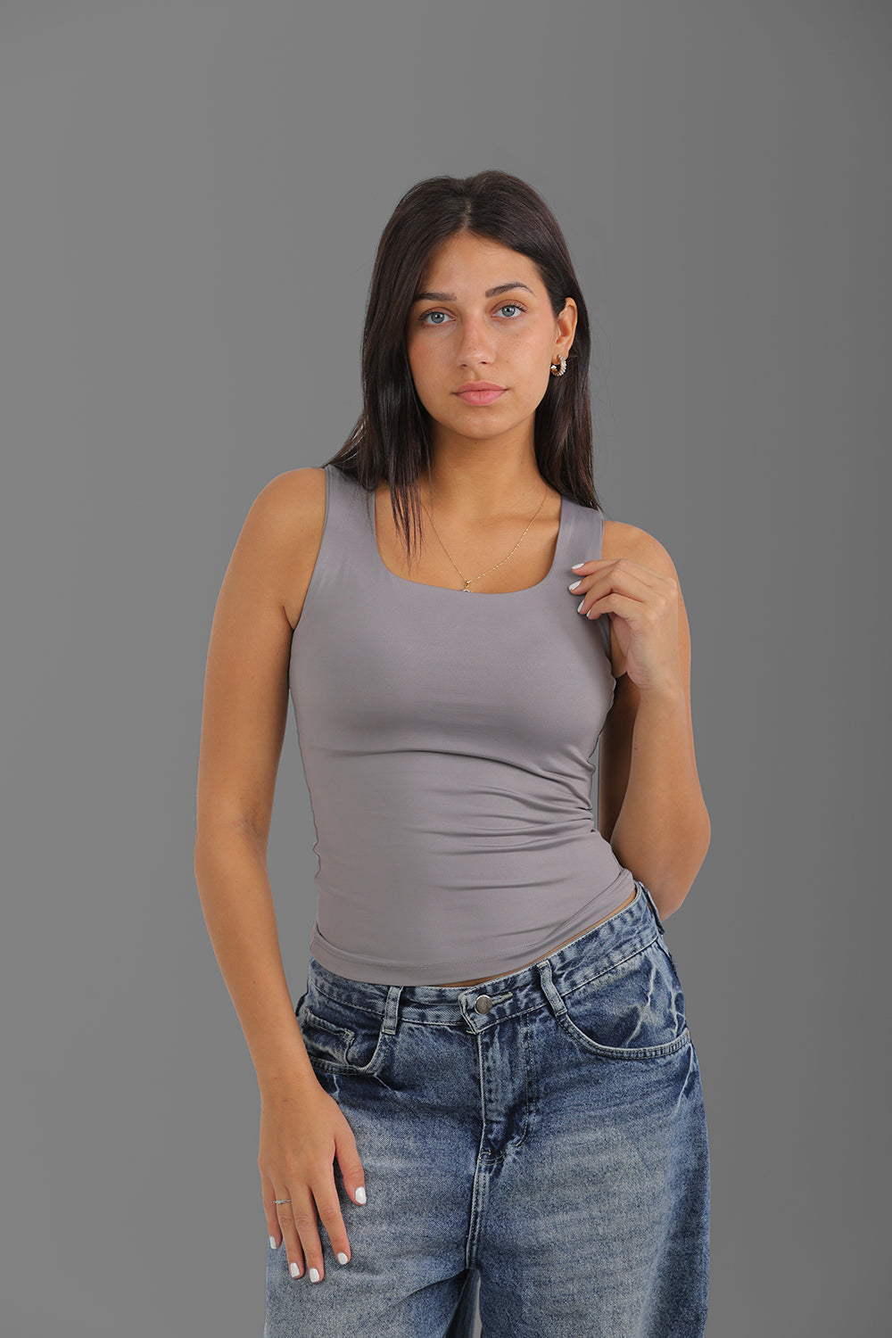 Women’s Grey Square-Neck Tank Top – Lightweight Soft Stretch Basic, Made in Egypt