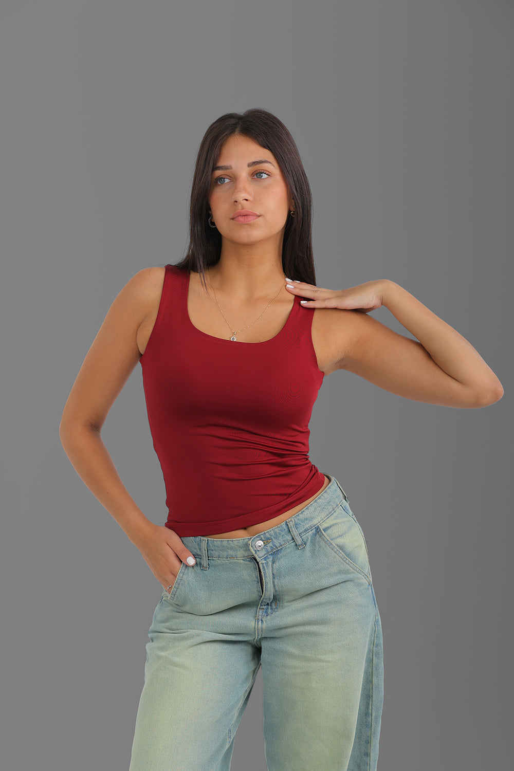 Women’s Maroon Square-Neck Tank Top – Lightweight Soft Stretch Basic, Made in Egypt