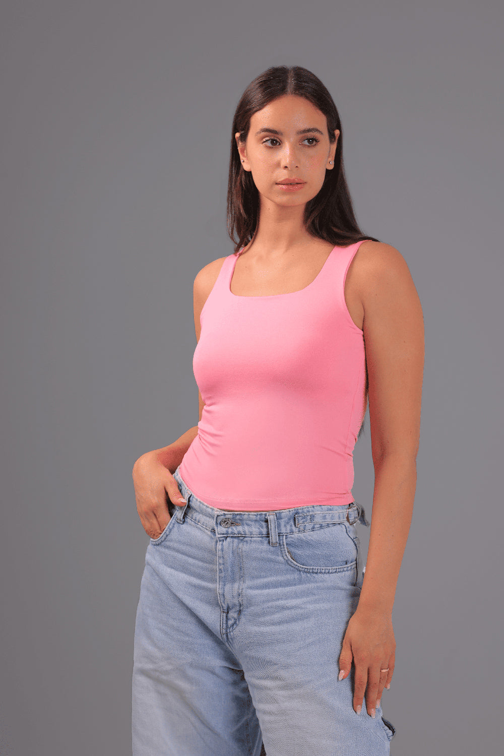 Women’s Pink Square-Neck Tank Top – Lightweight Soft Stretch Basic, Made in Egypt
