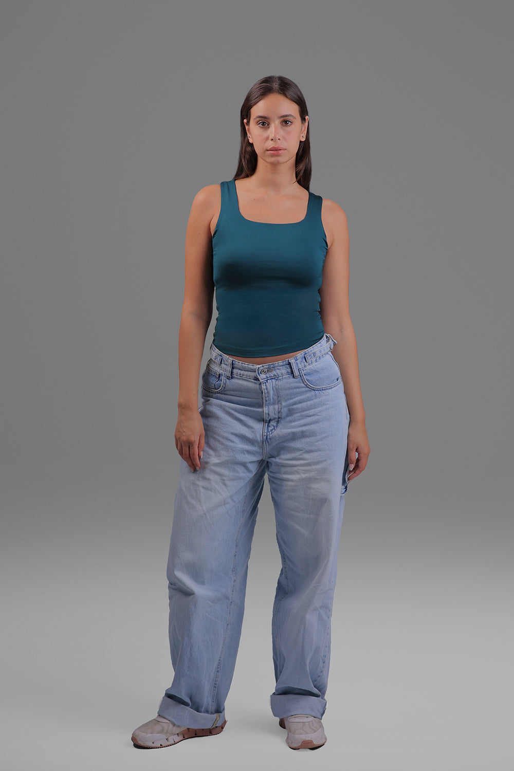 Women’s Teal Square-Neck Tank Top – Lightweight Soft Stretch Basic, Made in Egypt
