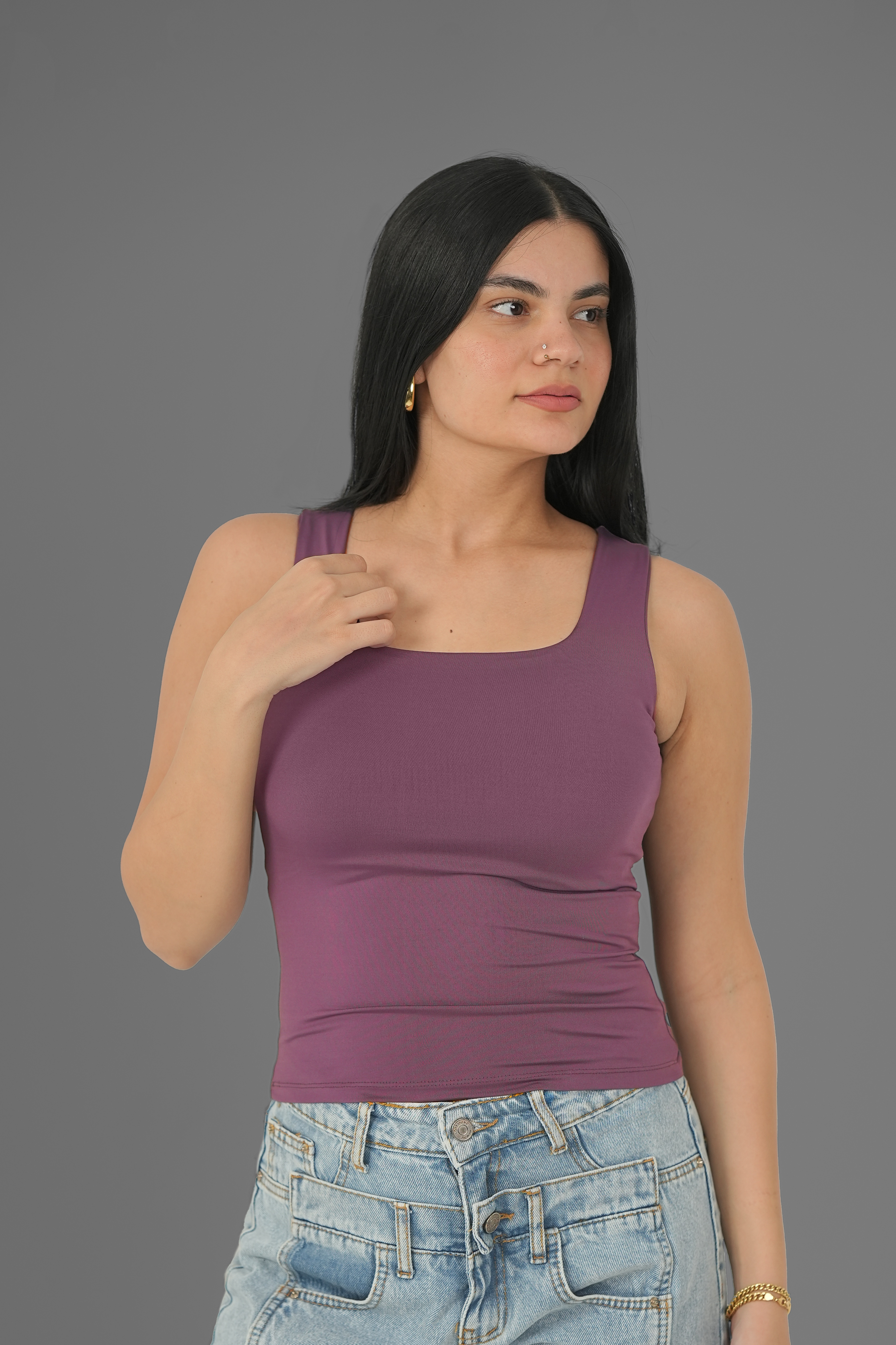 Women’s Purple Square-Neck Tank Top – Lightweight Soft Stretch Basic, Made in Egypt
