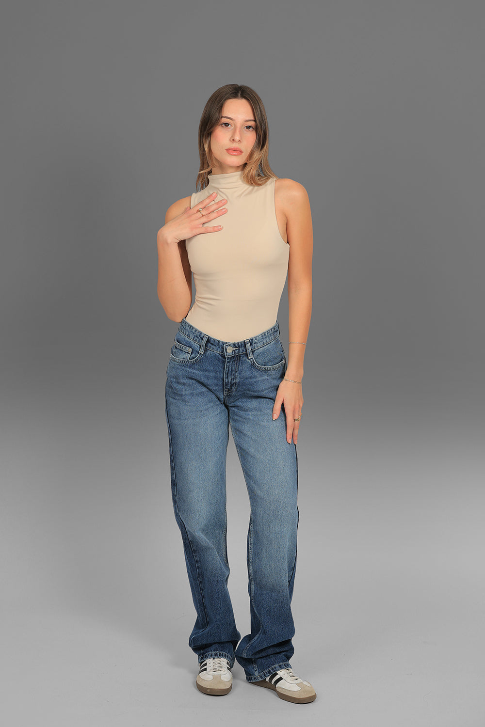 Women’s Beige Classic Turtleneck Tank Top – Lightweight Soft Stretch Basic, Made in Egypt