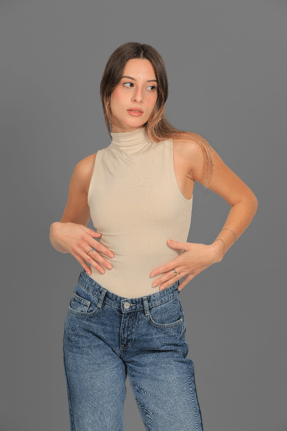 Women’s Beige Classic Turtleneck Tank Top – Lightweight Soft Stretch Basic, Made in Egypt