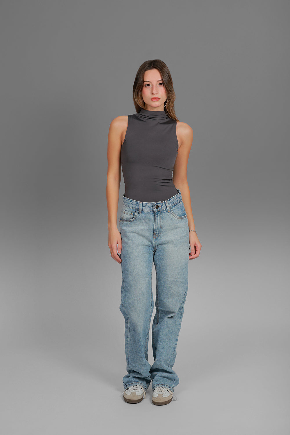 Women’s Charcoal Classic Turtleneck Tank Top – Lightweight Soft Stretch Basic, Made in Egypt
