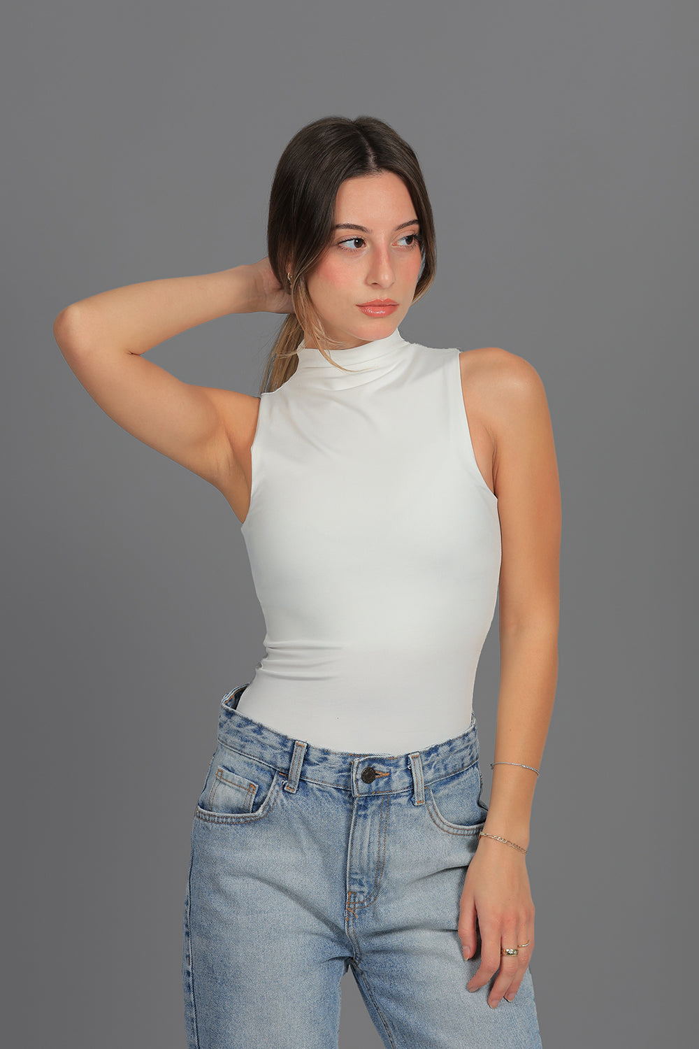 Women’s Off-White Classic Turtleneck Tank Top – Lightweight Soft Stretch Basic, Made in Egypt