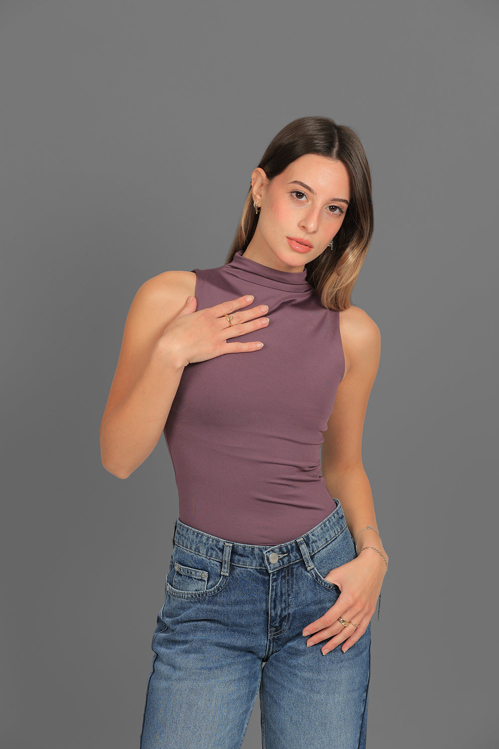 Women’s Purple Classic Turtleneck Tank Top – Lightweight Soft Stretch Basic, Made in Egypt