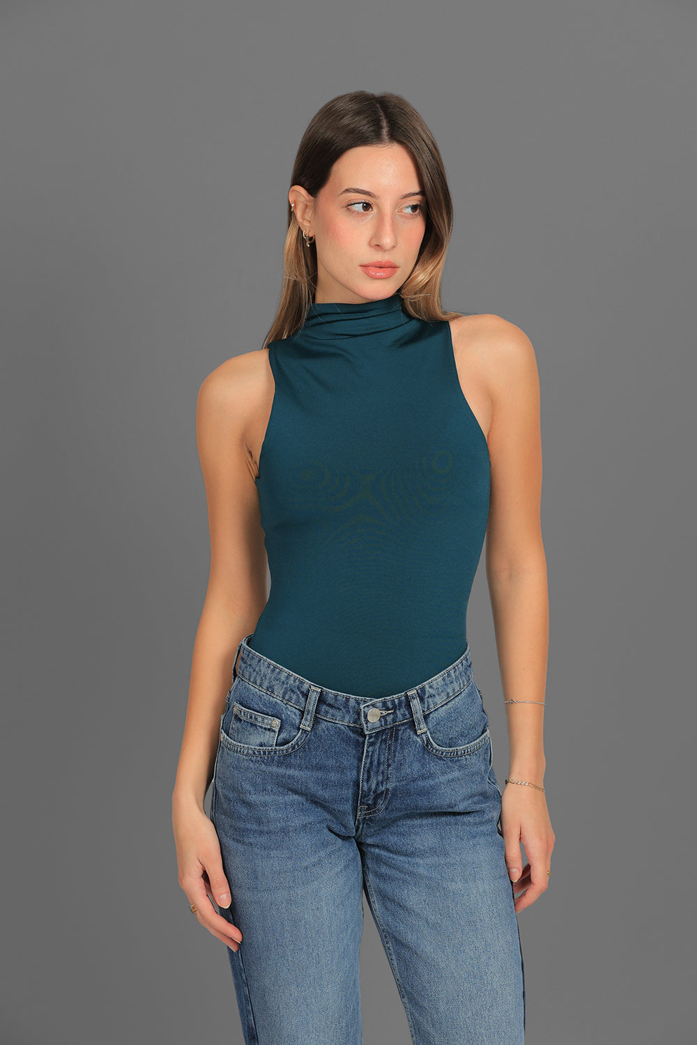 Women’s Teal Classic Turtleneck Tank Top – Lightweight Soft Stretch Basic, Made in Egypt
