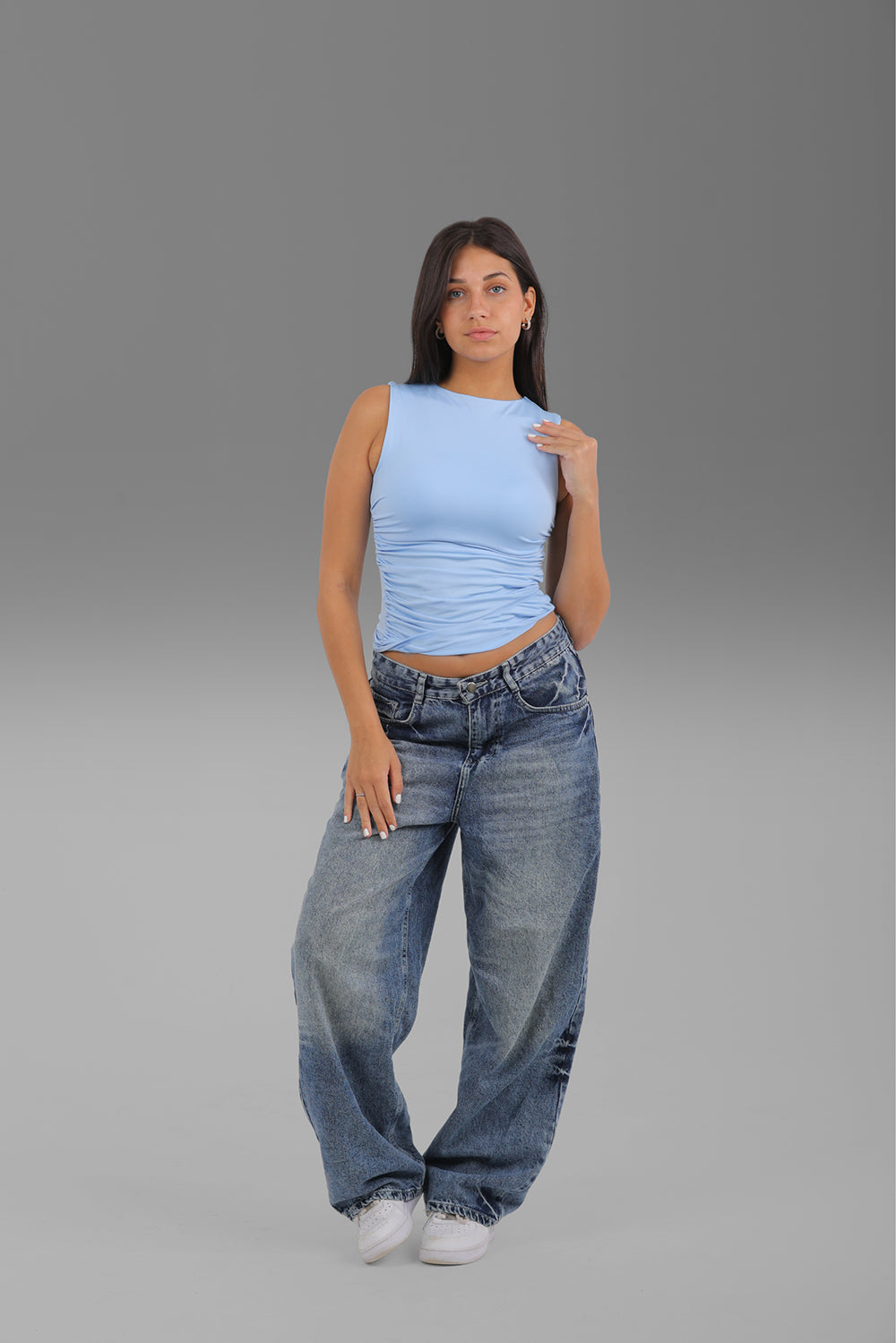 Women’s Baby Blue Draped Crewneck Sleeveless Top – Lightweight Soft Stretch Basic, Made in Egypt